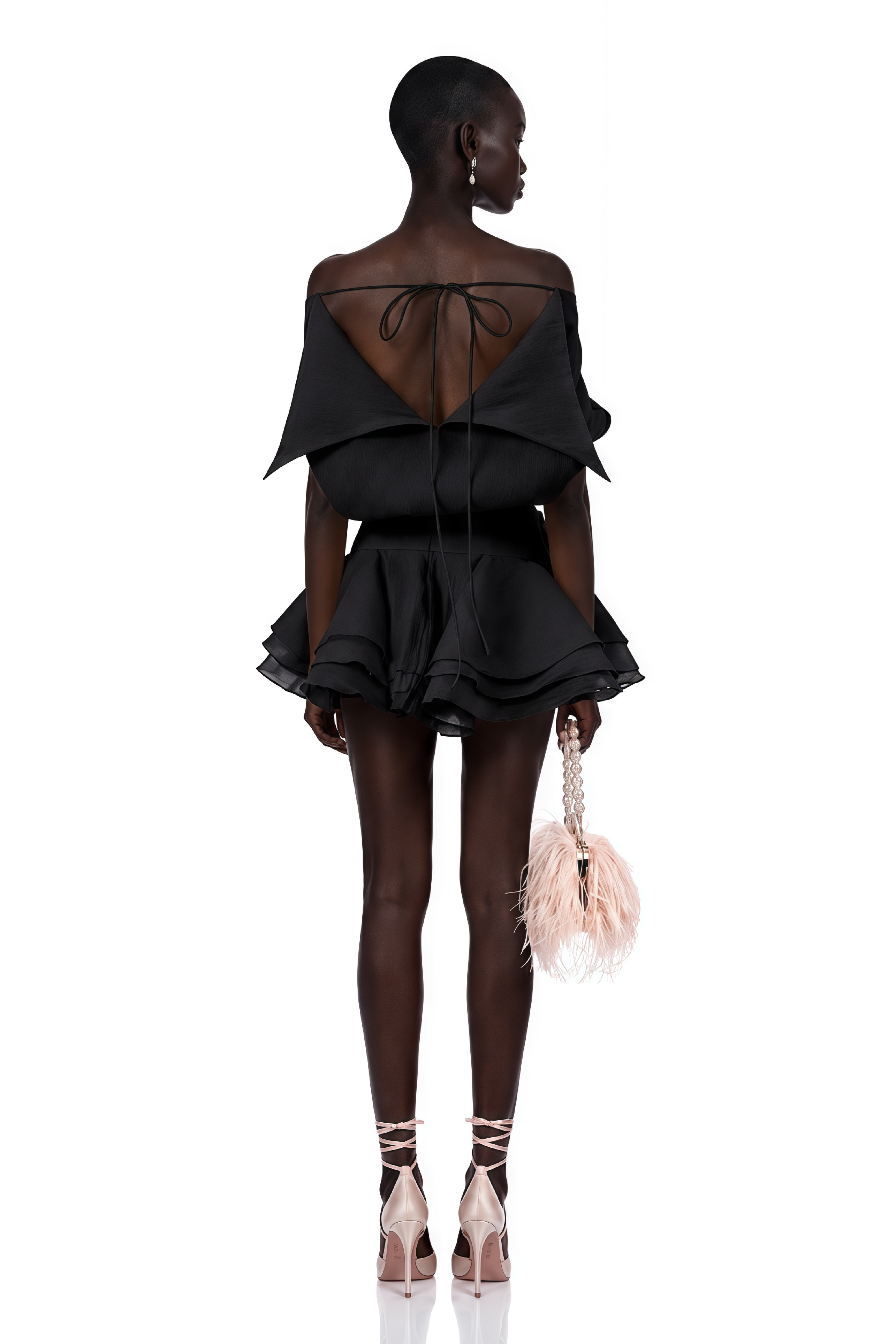 Amélie Black Floral Appliqué Flounced Mini Dress