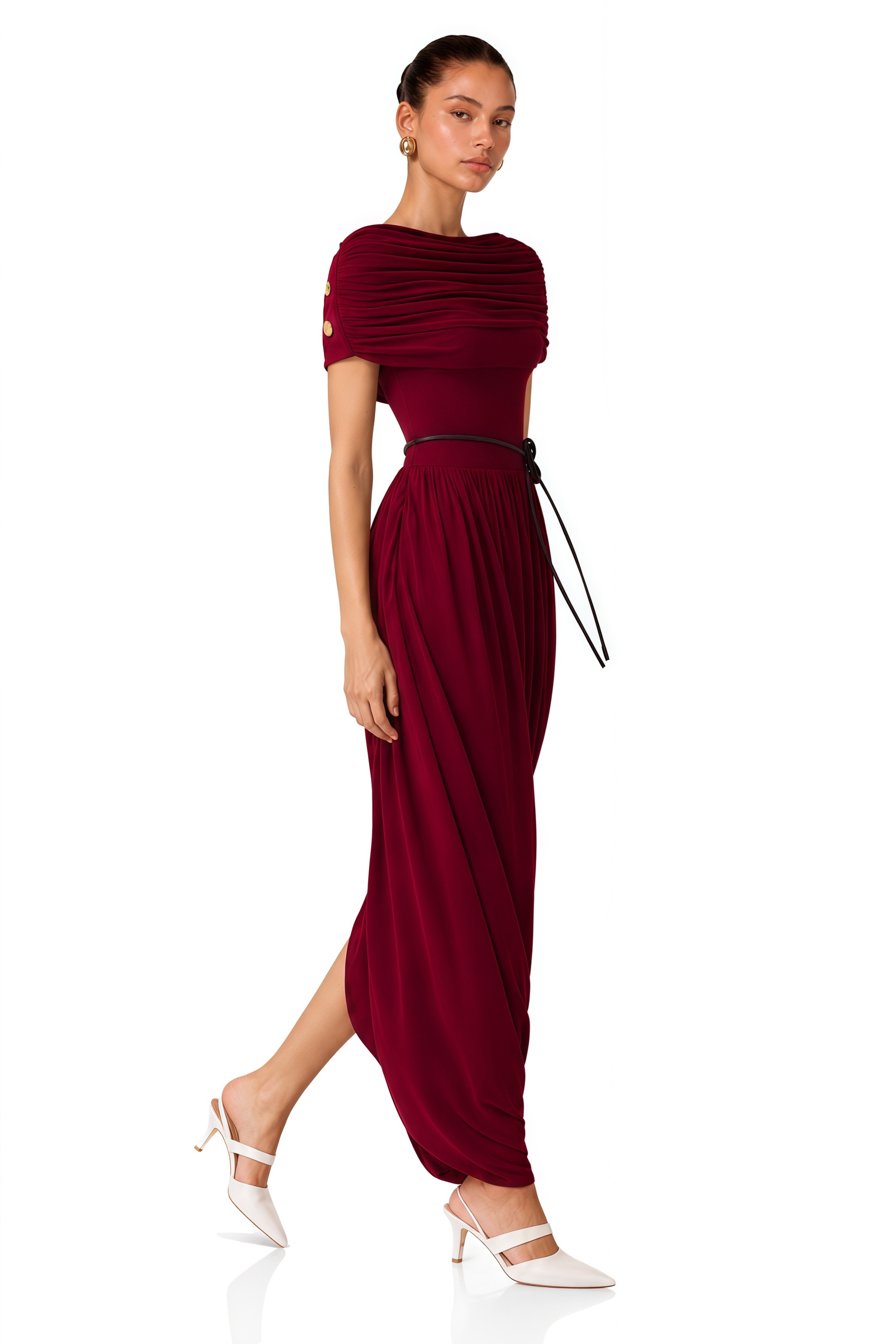 Gianna Burgundy Shawl Design Draped Maxi Dress