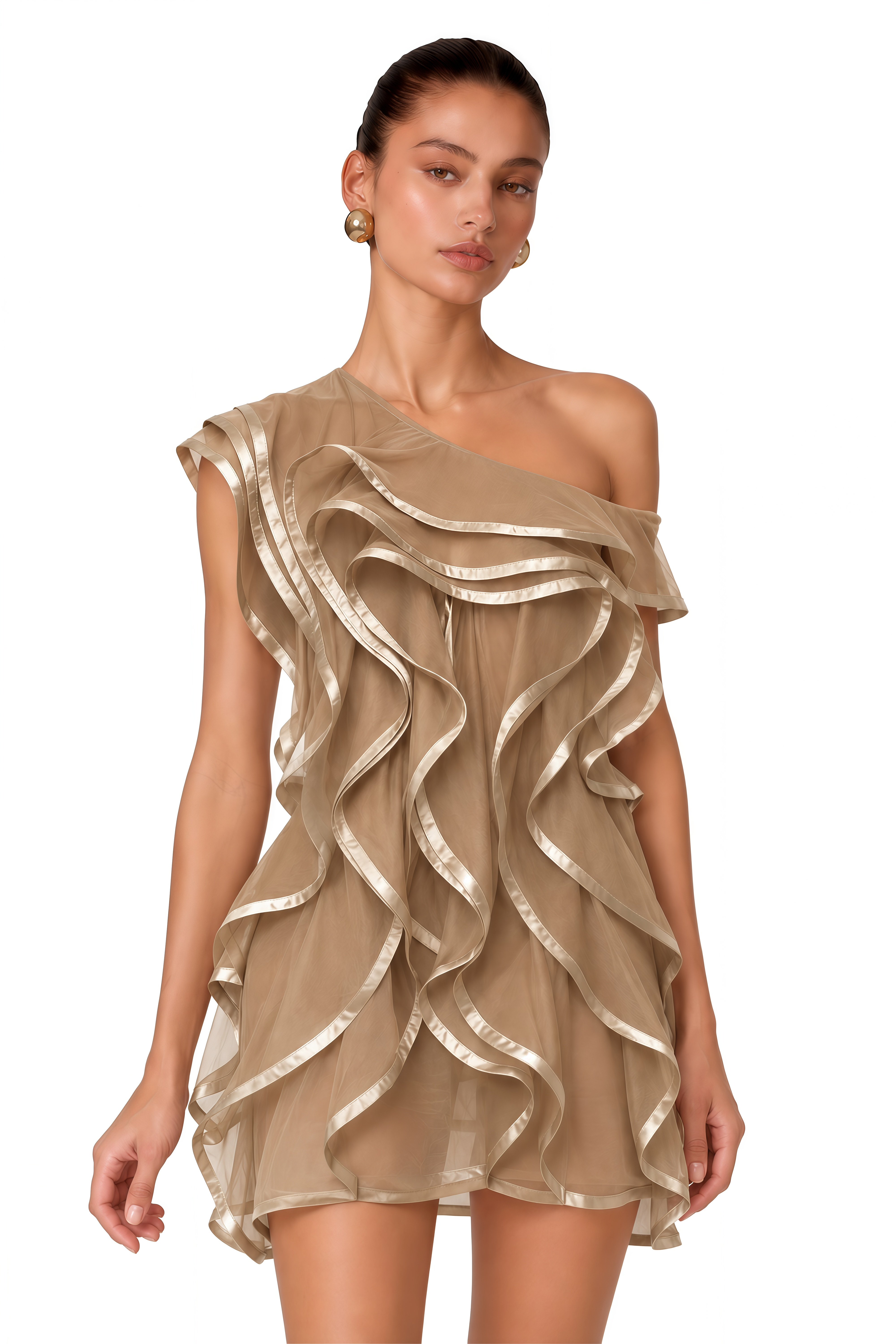 Alchimie Brown Ruffled Tulle Mini Dress