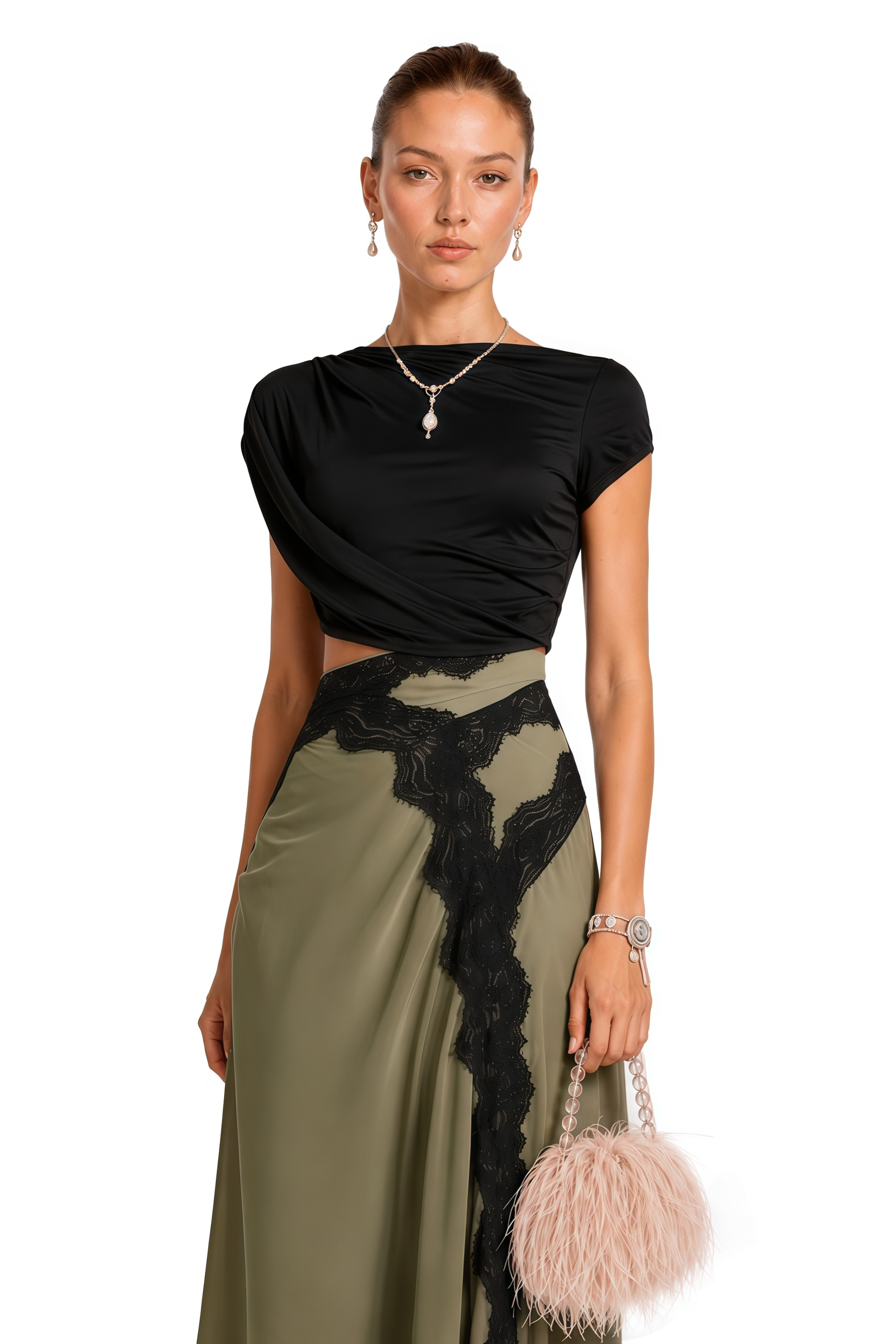 Fiamma Black Gathered Lace Panel Maxi Dress