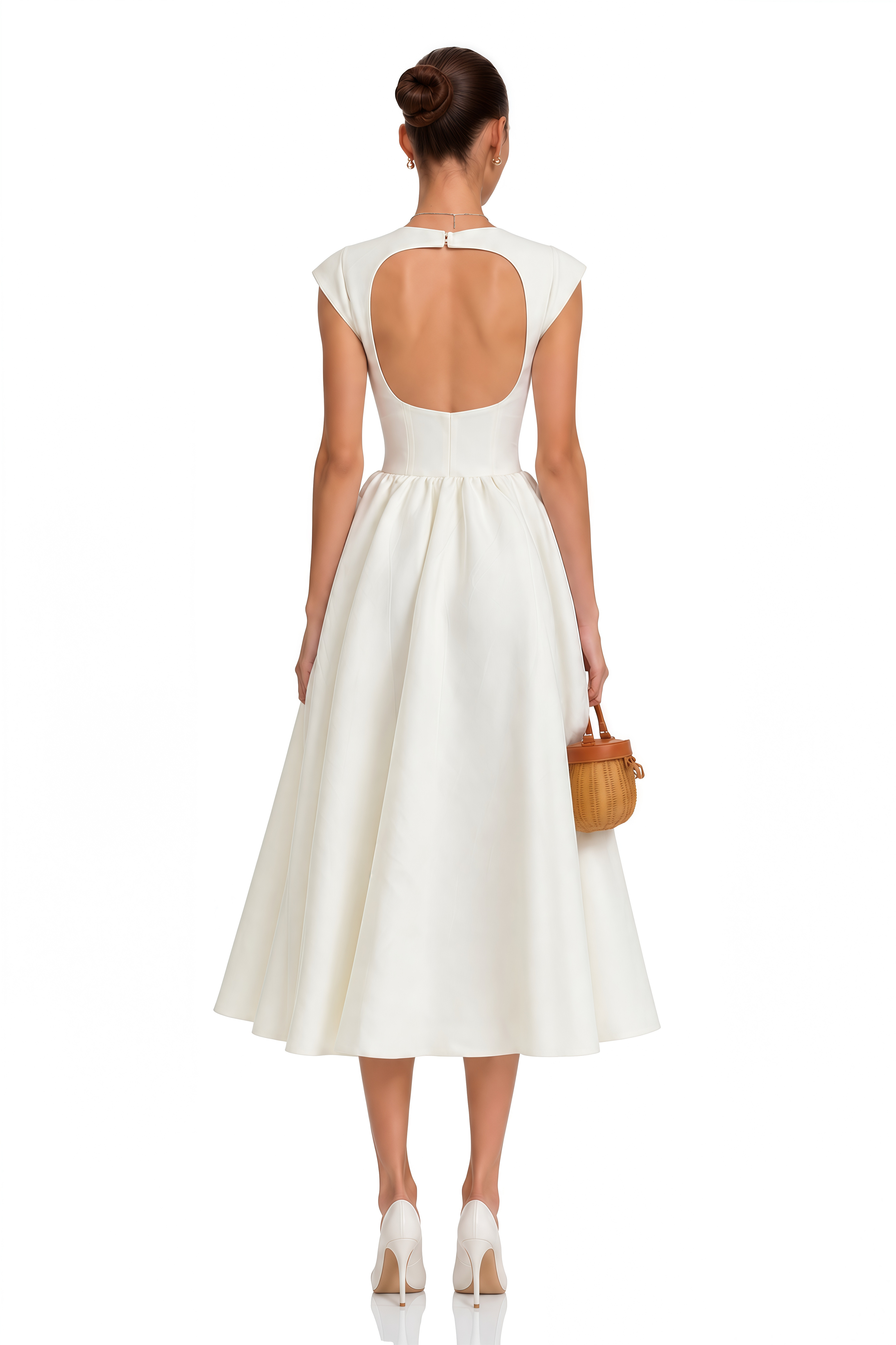Amandine White Open-Back Cap-Sleeve Midi Dress