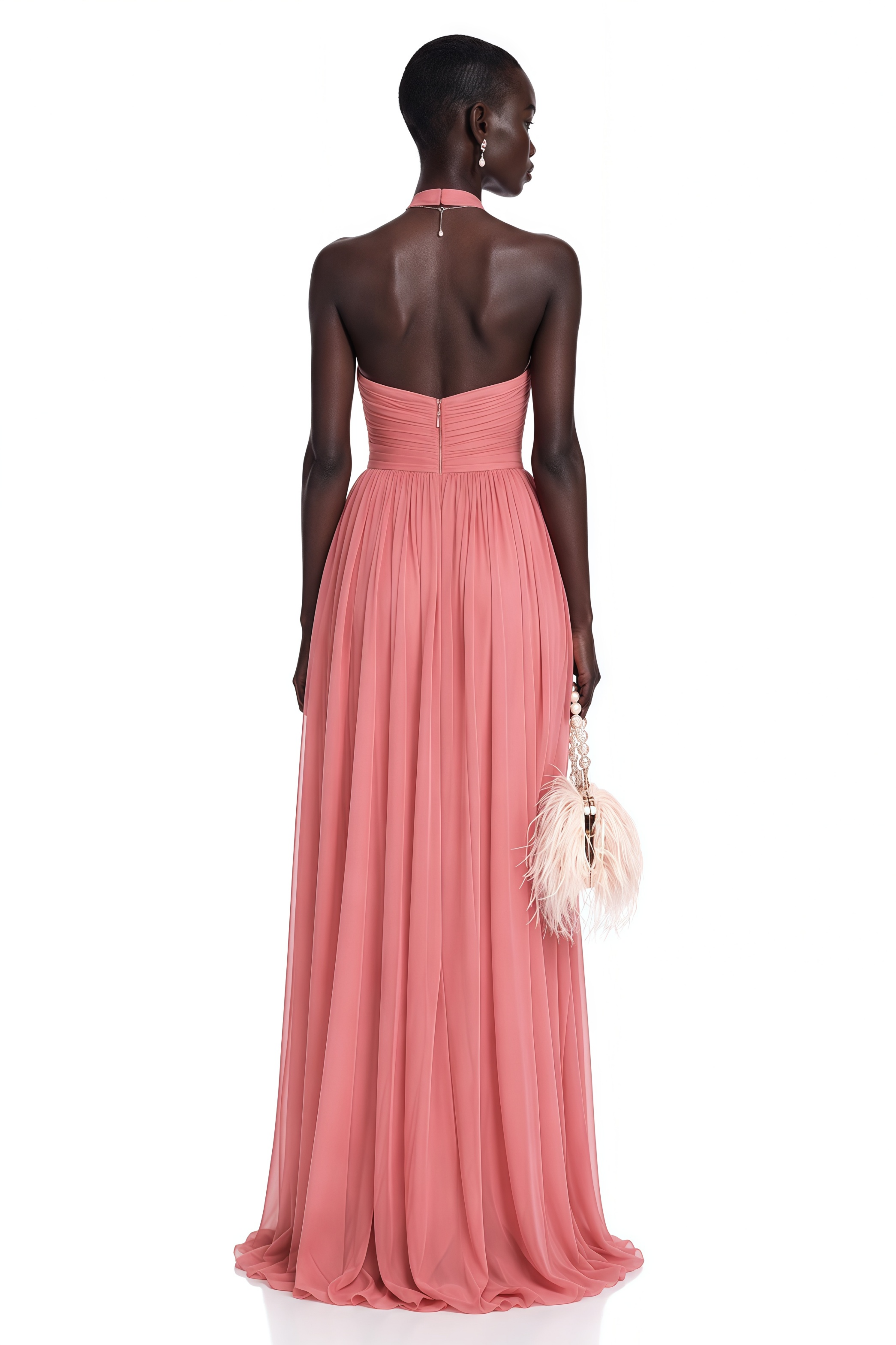 Macioci Pink Halterneck Ruched Maxi Dress with Criss Cross Front