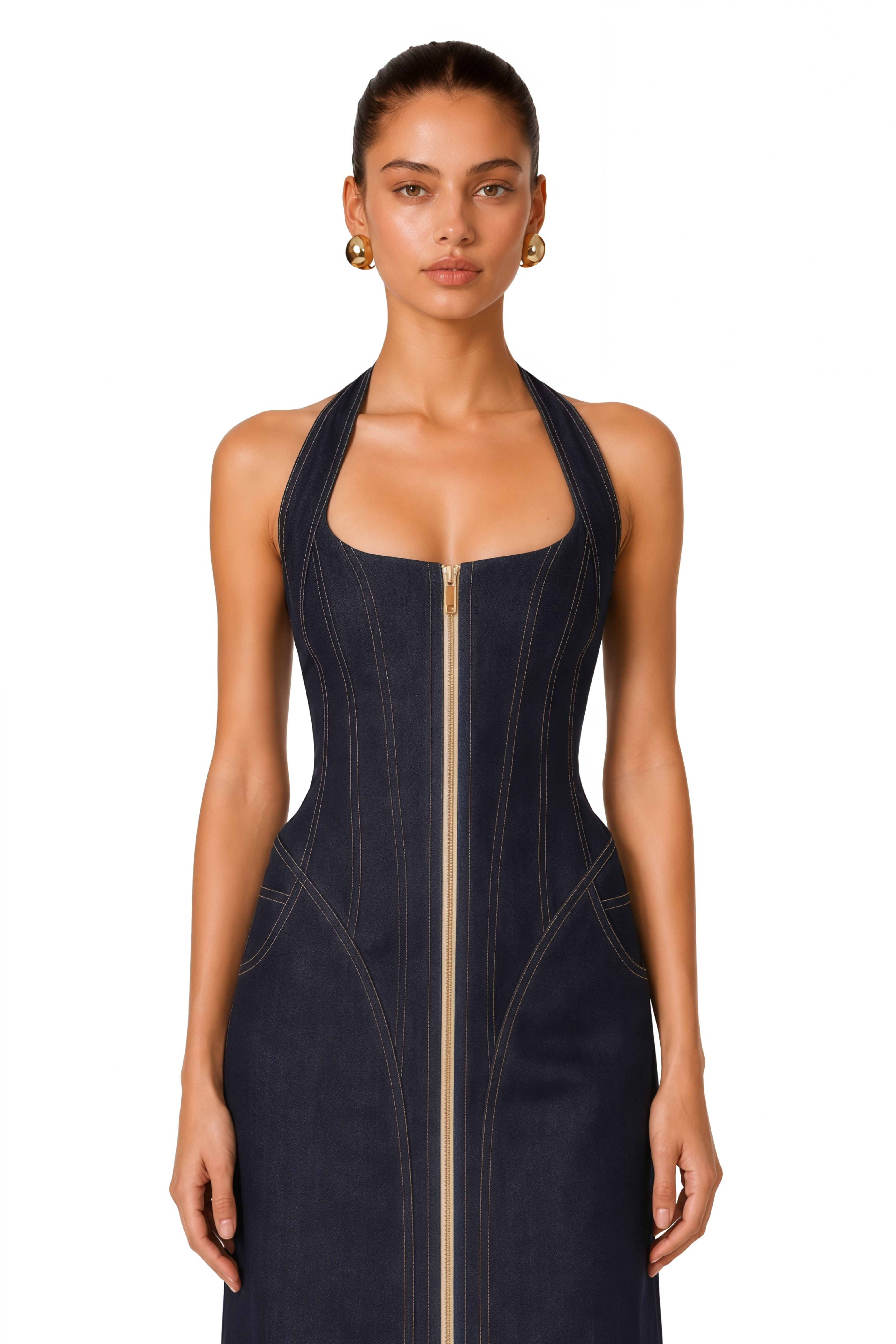Adrienne Denim Front-Slit Contrast-Stitching Maxi Dress