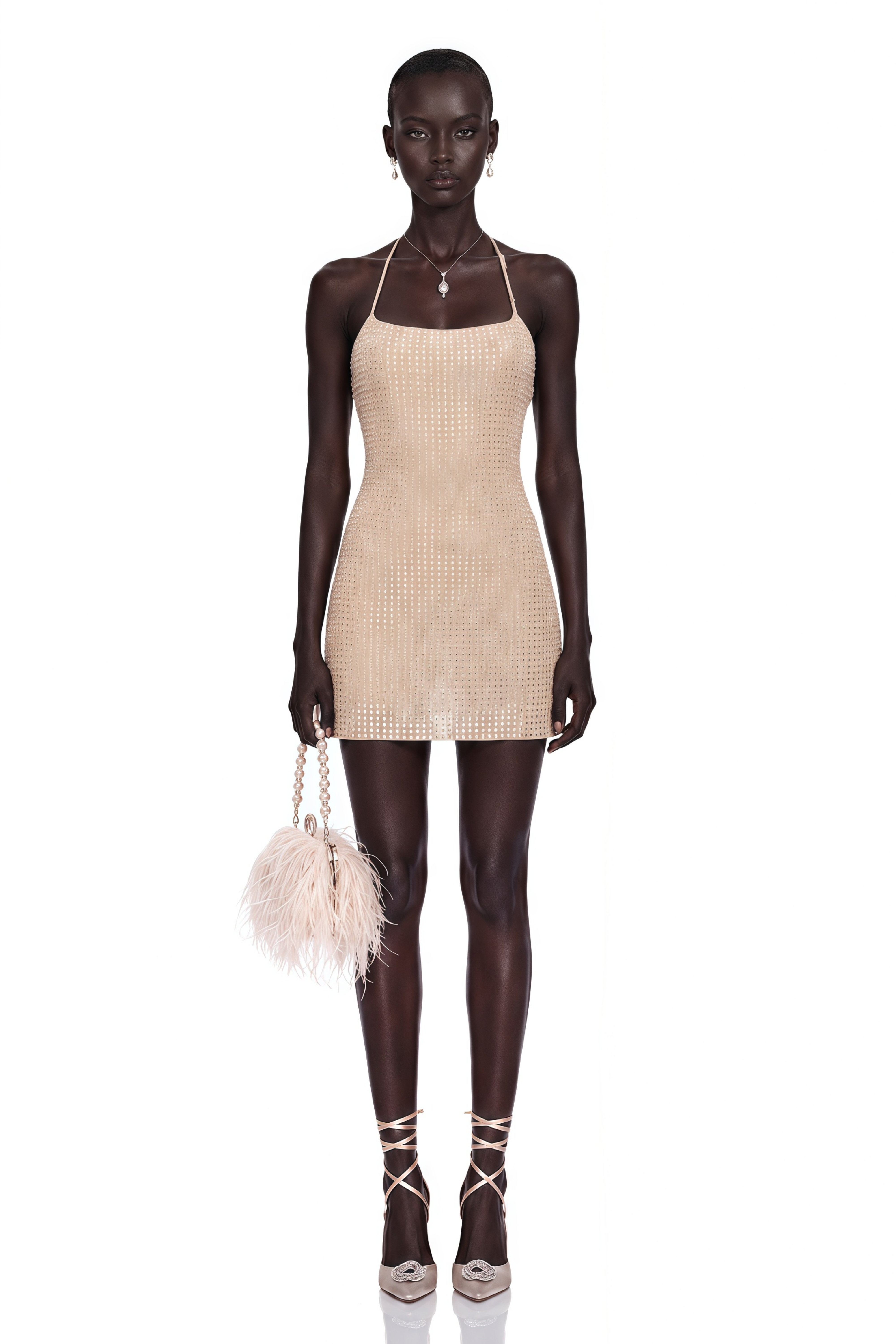 Bblythe Neutral Halterneck Rhinestone Mini Dress