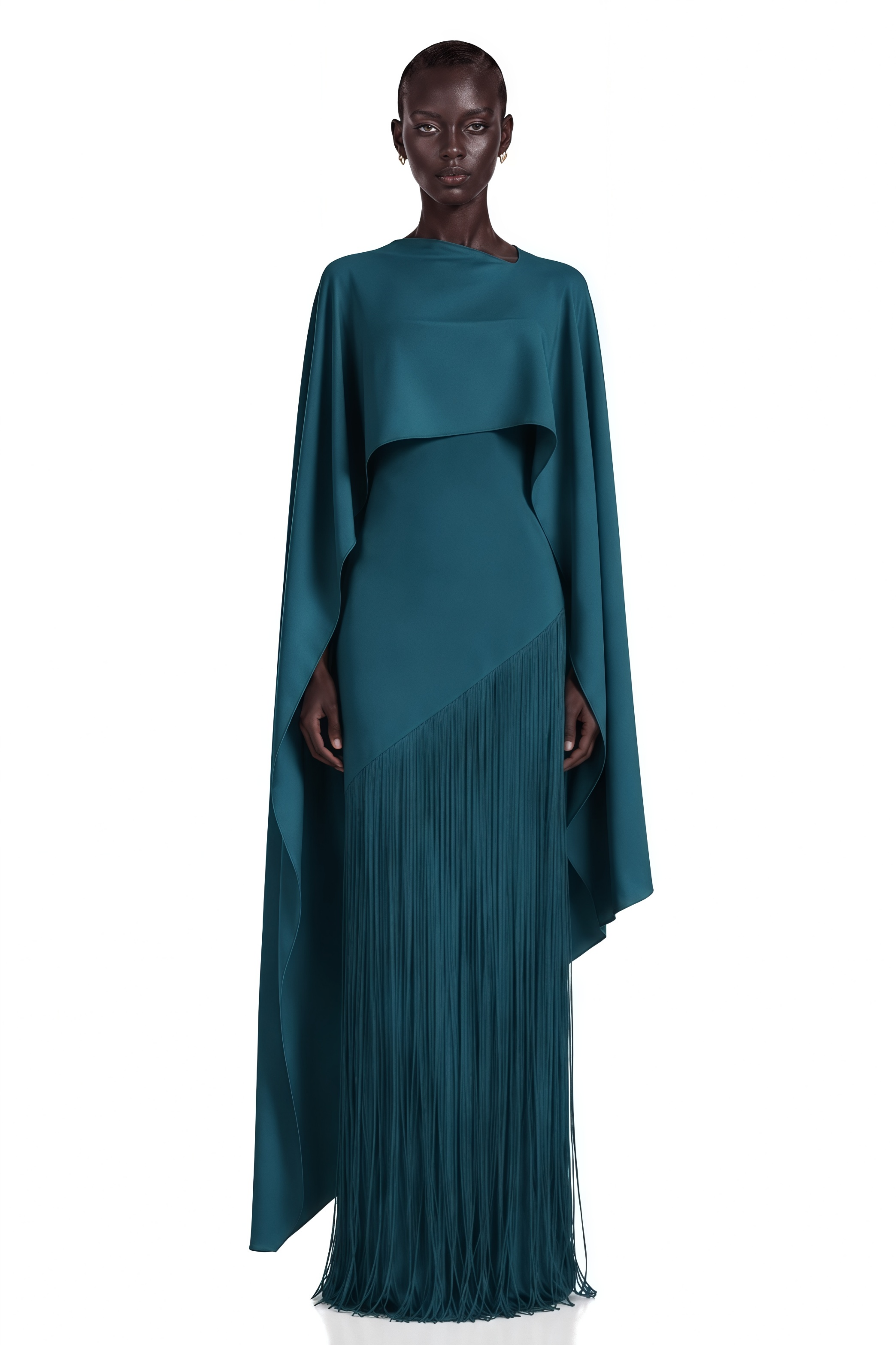 Cayetana Teal Fringe Maxi Dress with Cape Effect