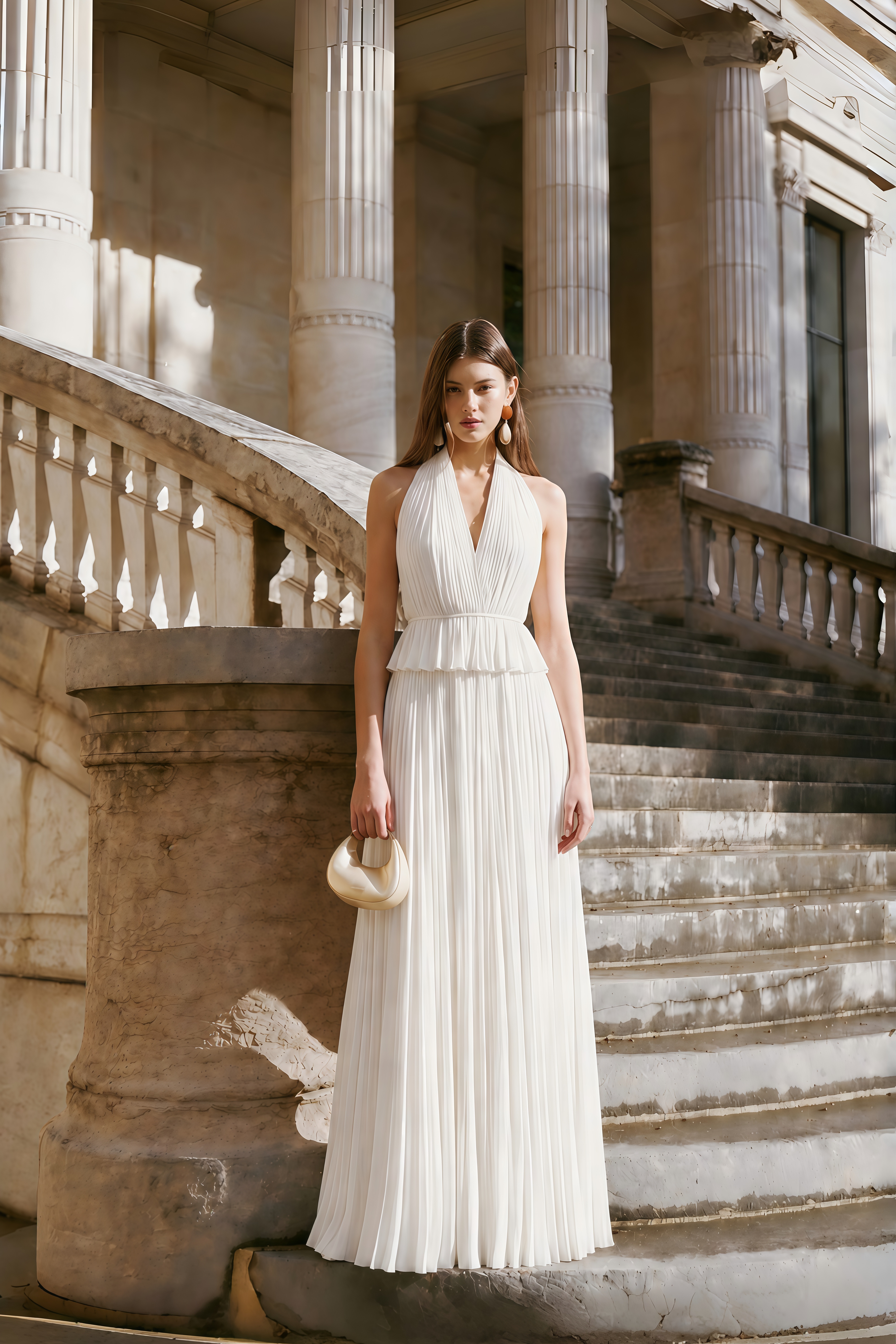 Kailany White Pleated Halterneck Top & Skirt Set