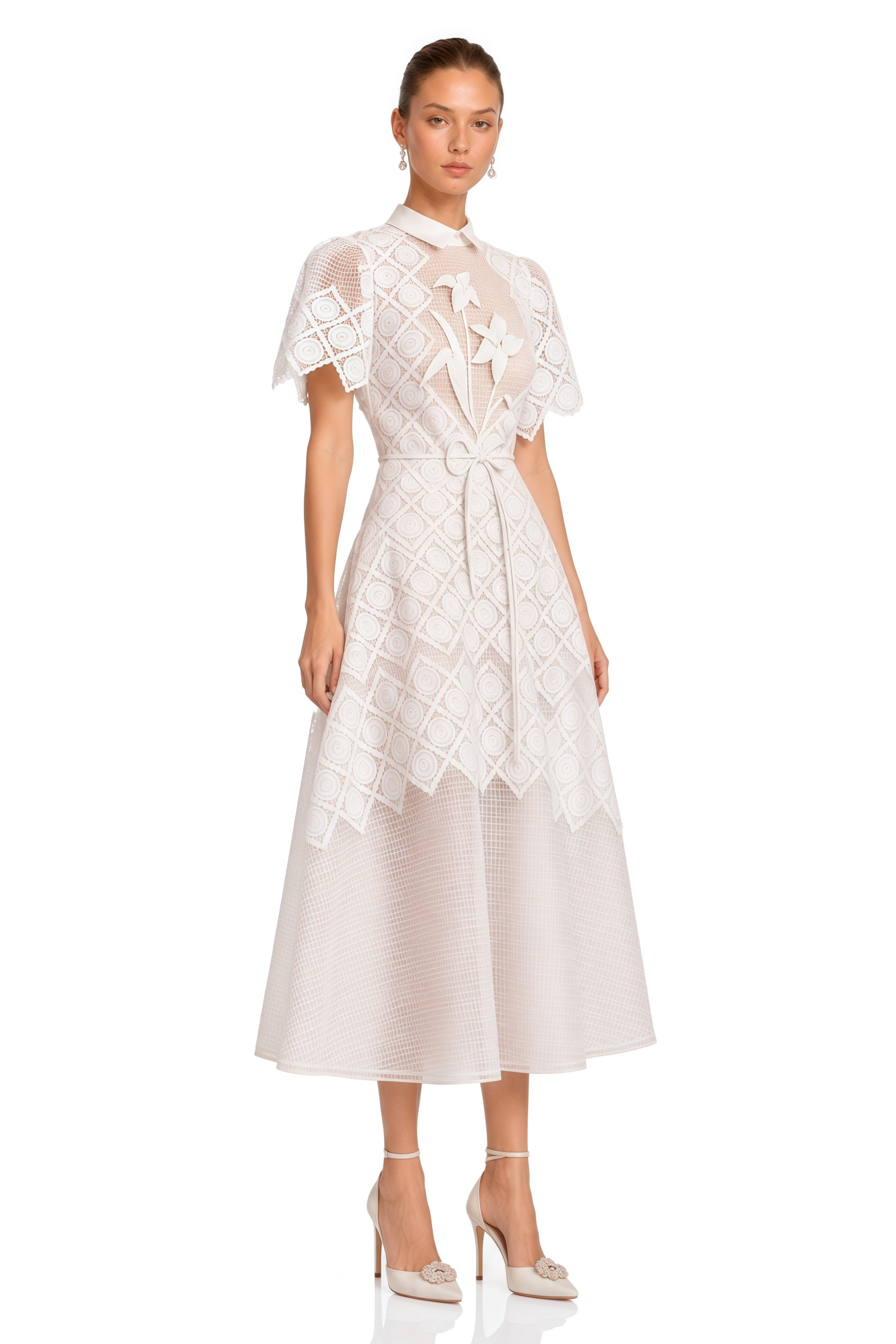 Yasmine White Floral-embroidered Midi Dress