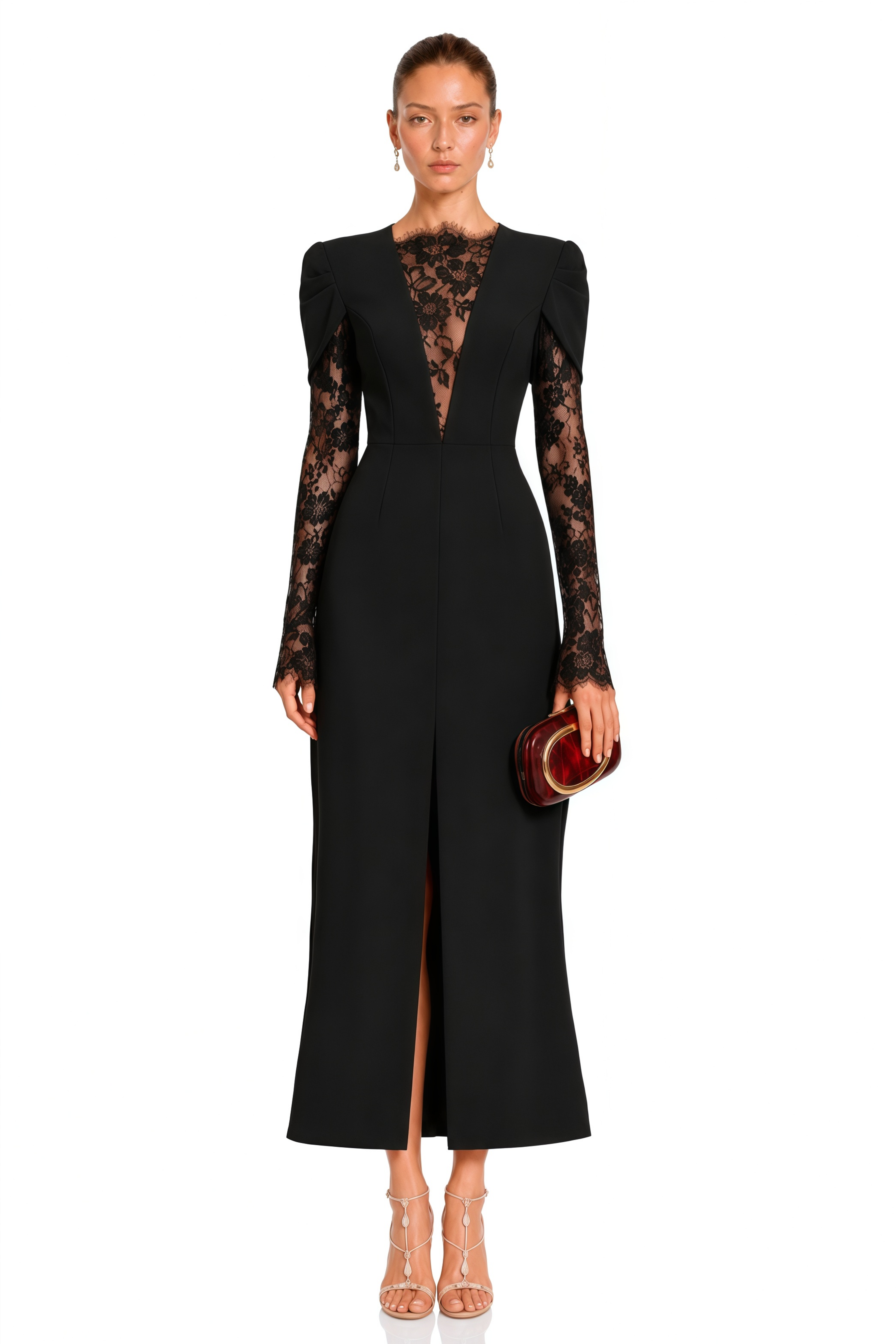 Rhea Black High Slit Lace Panel Midi Dress