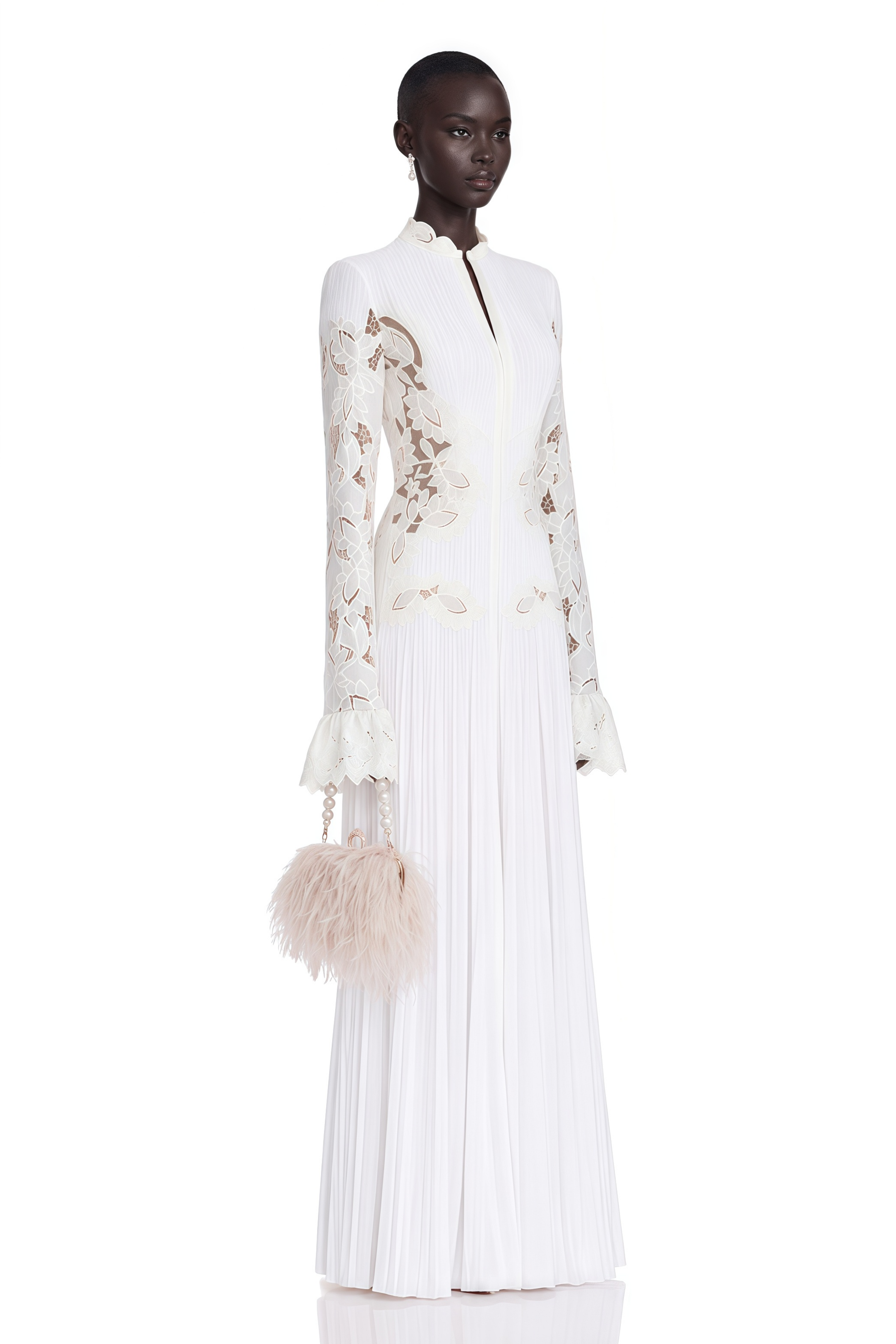 Chiara White Lace Panel Pleated Midi Dress