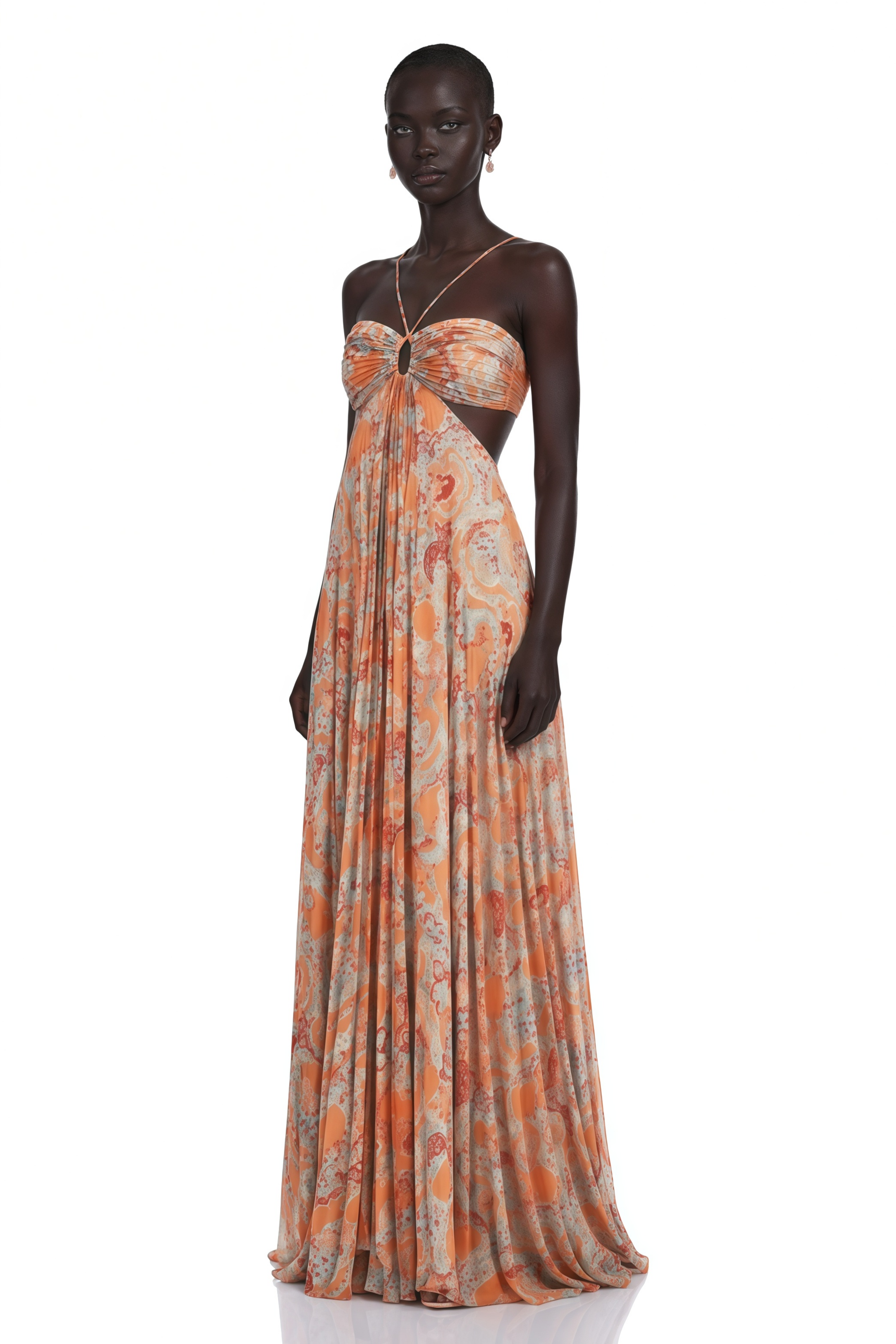 Andréa Orange Floral Print Pleated Maxi Dress with Cutout Detail