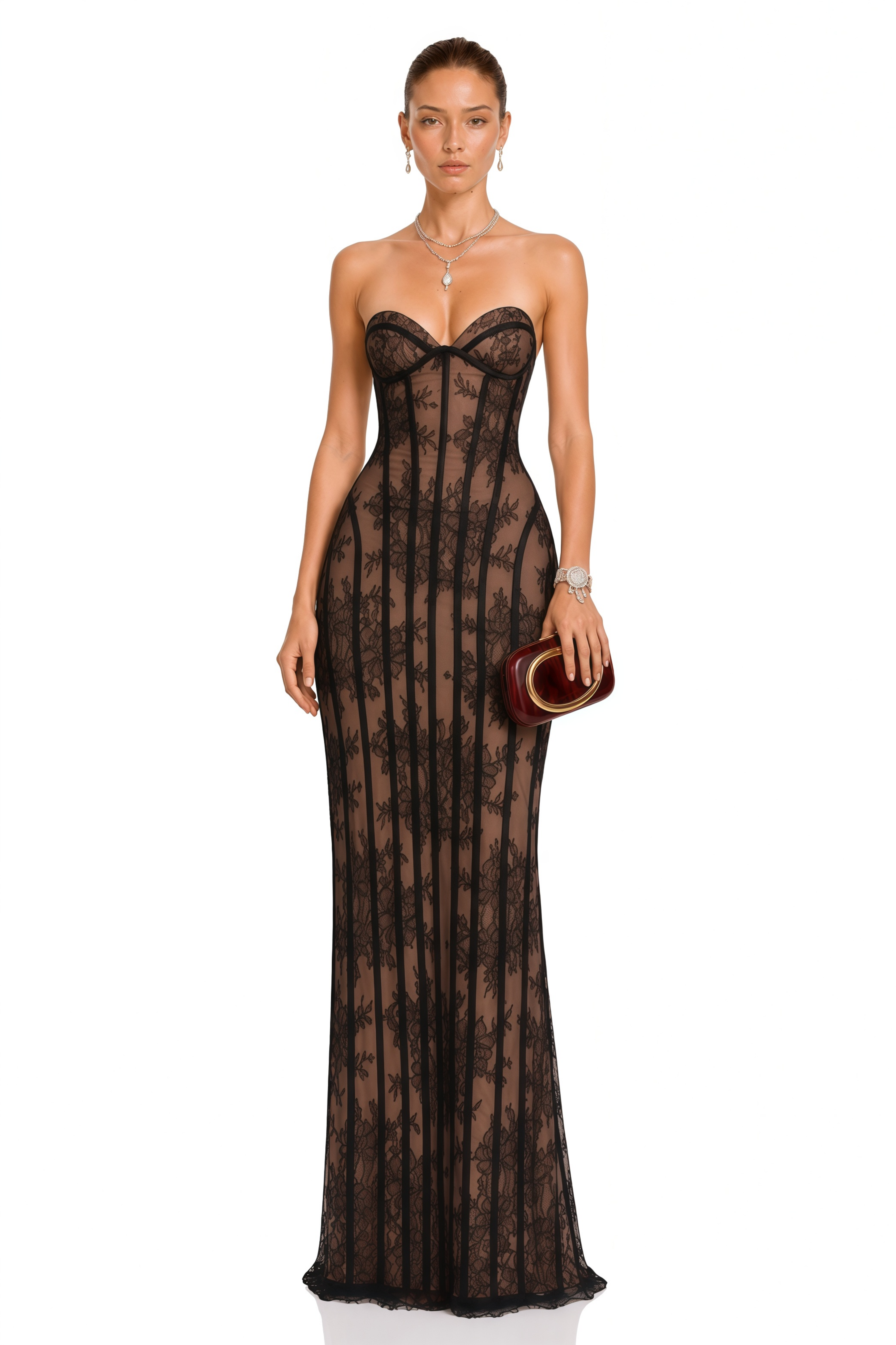 Urszula Black Floral Lace Corset Maxi Dress