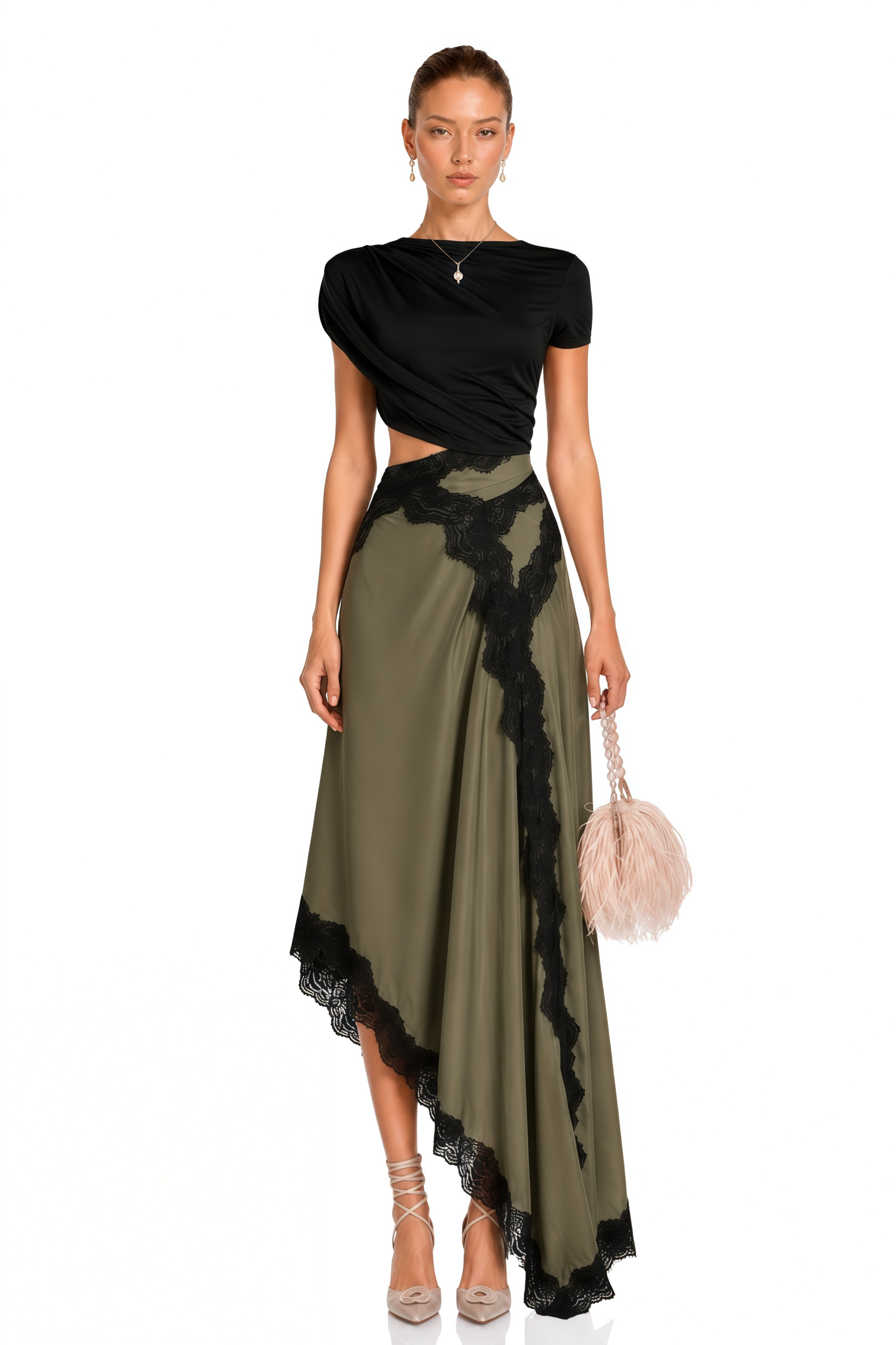 Fiamma Black Gathered Lace Panel Maxi Dress