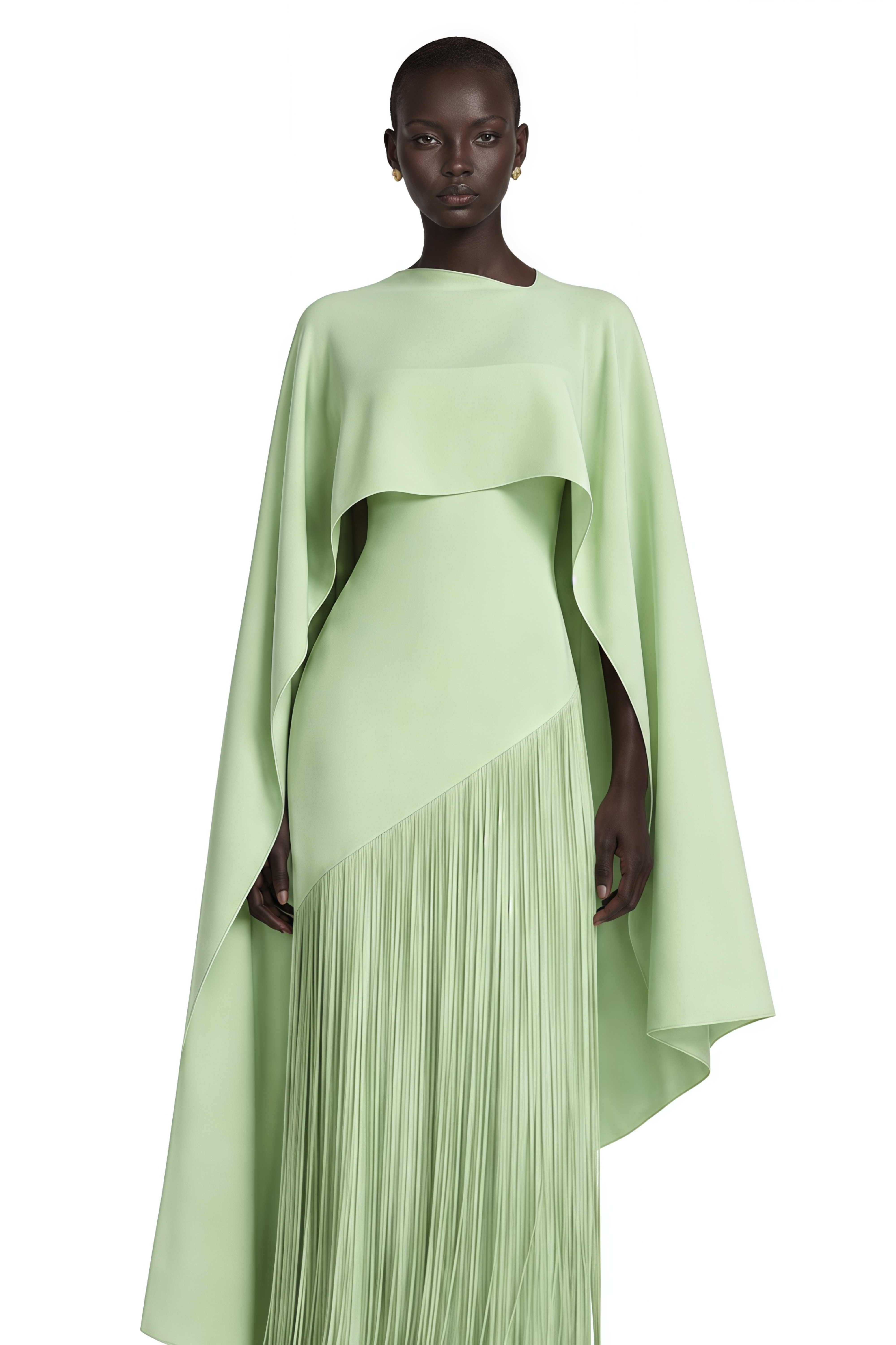 Cayetana Emerald Green Fringe Maxi Dress with Cape Effect