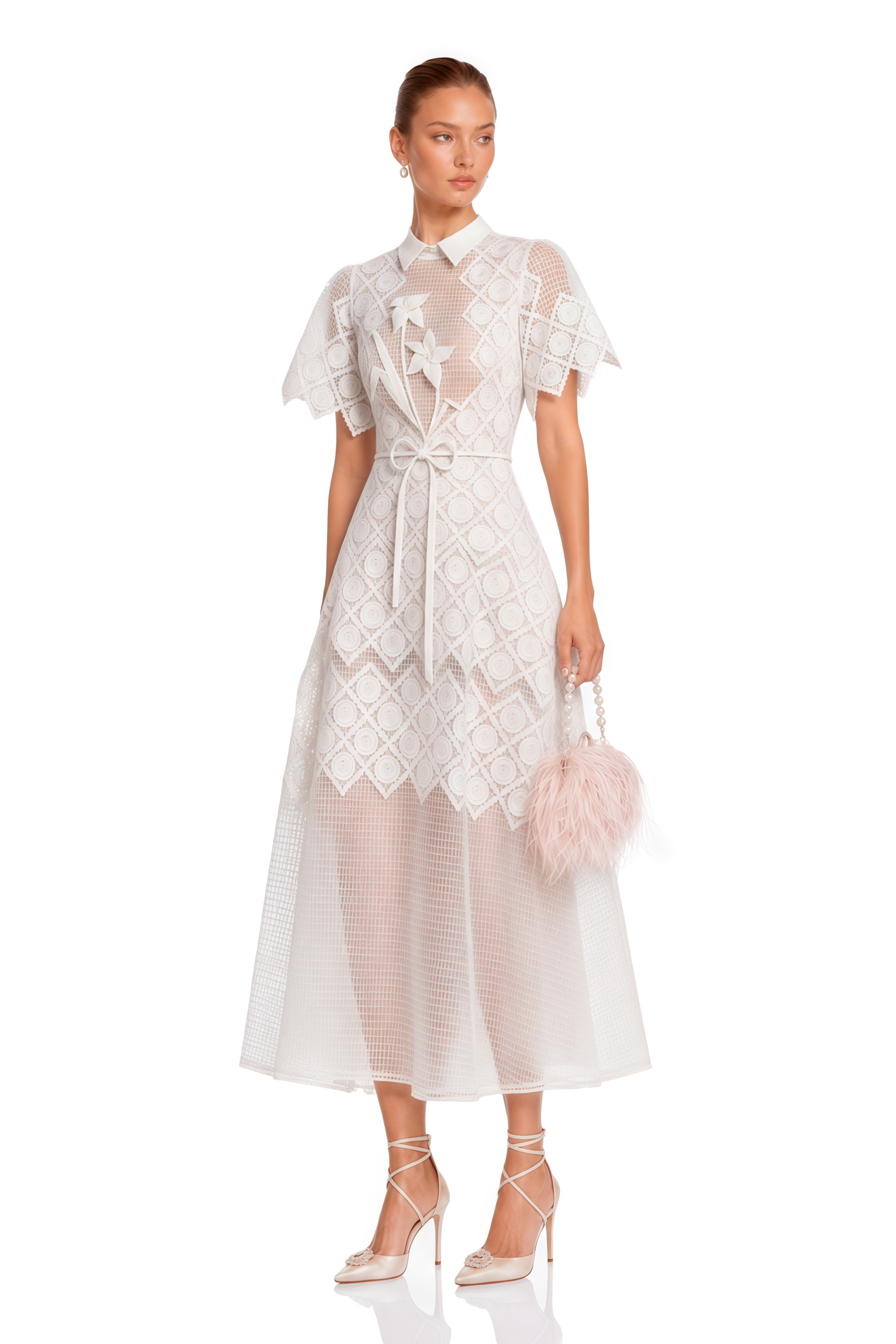 Yasmine White Floral-embroidered Midi Dress