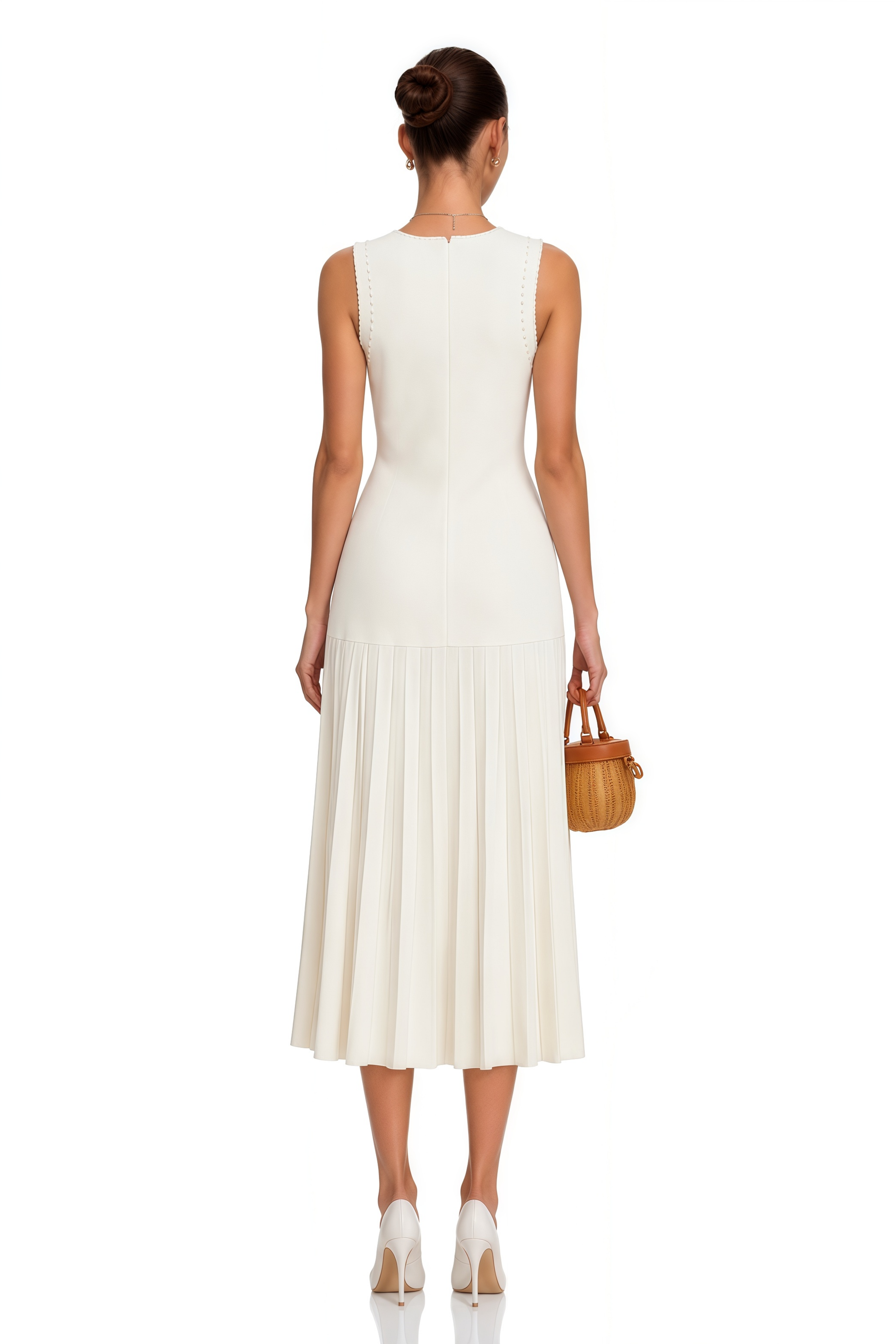 Aurore Beige Faux-Pearl Midi Dress