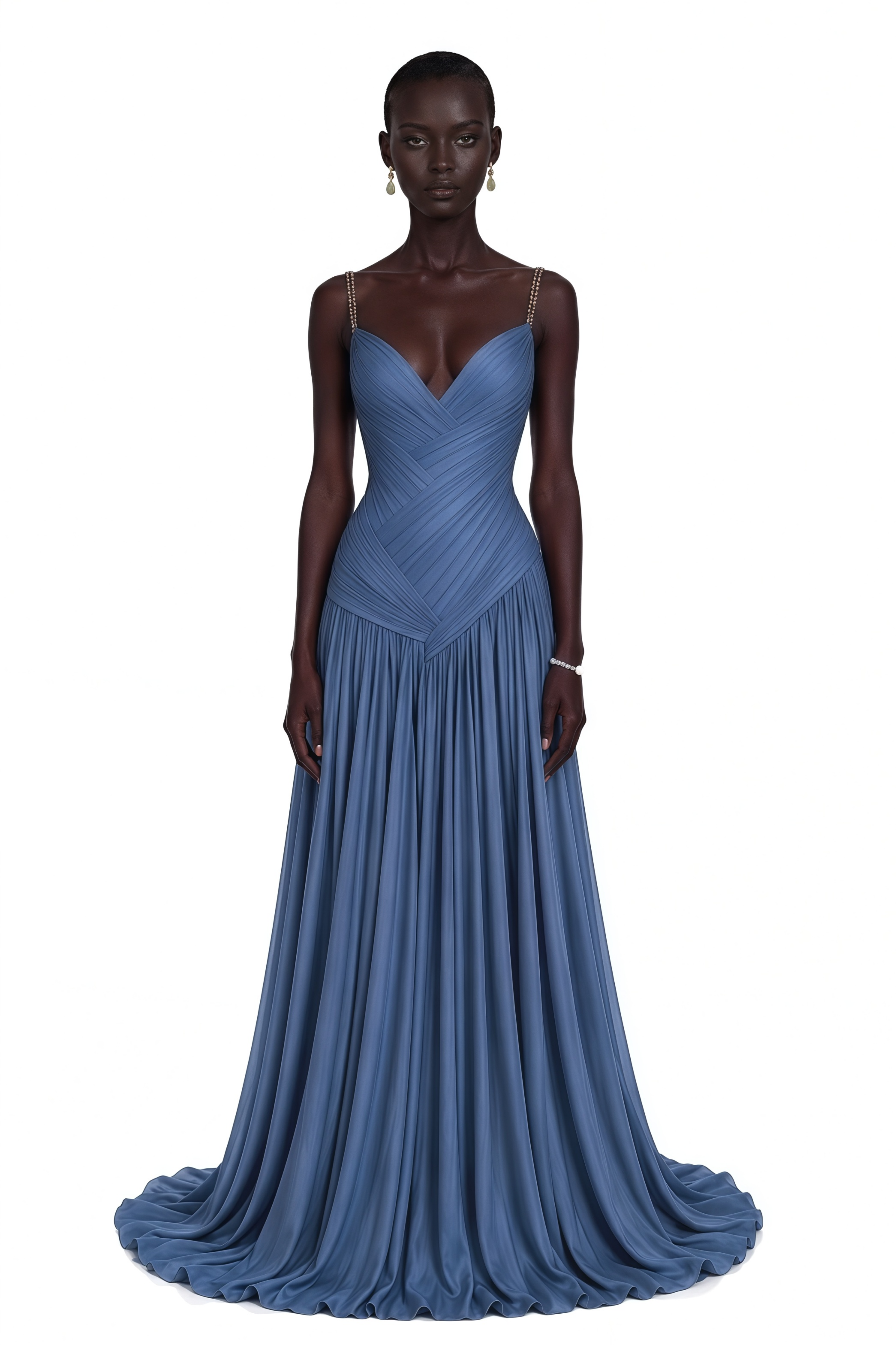 Angelína Blue Diagonal Pleated Gathered Maxi Gown