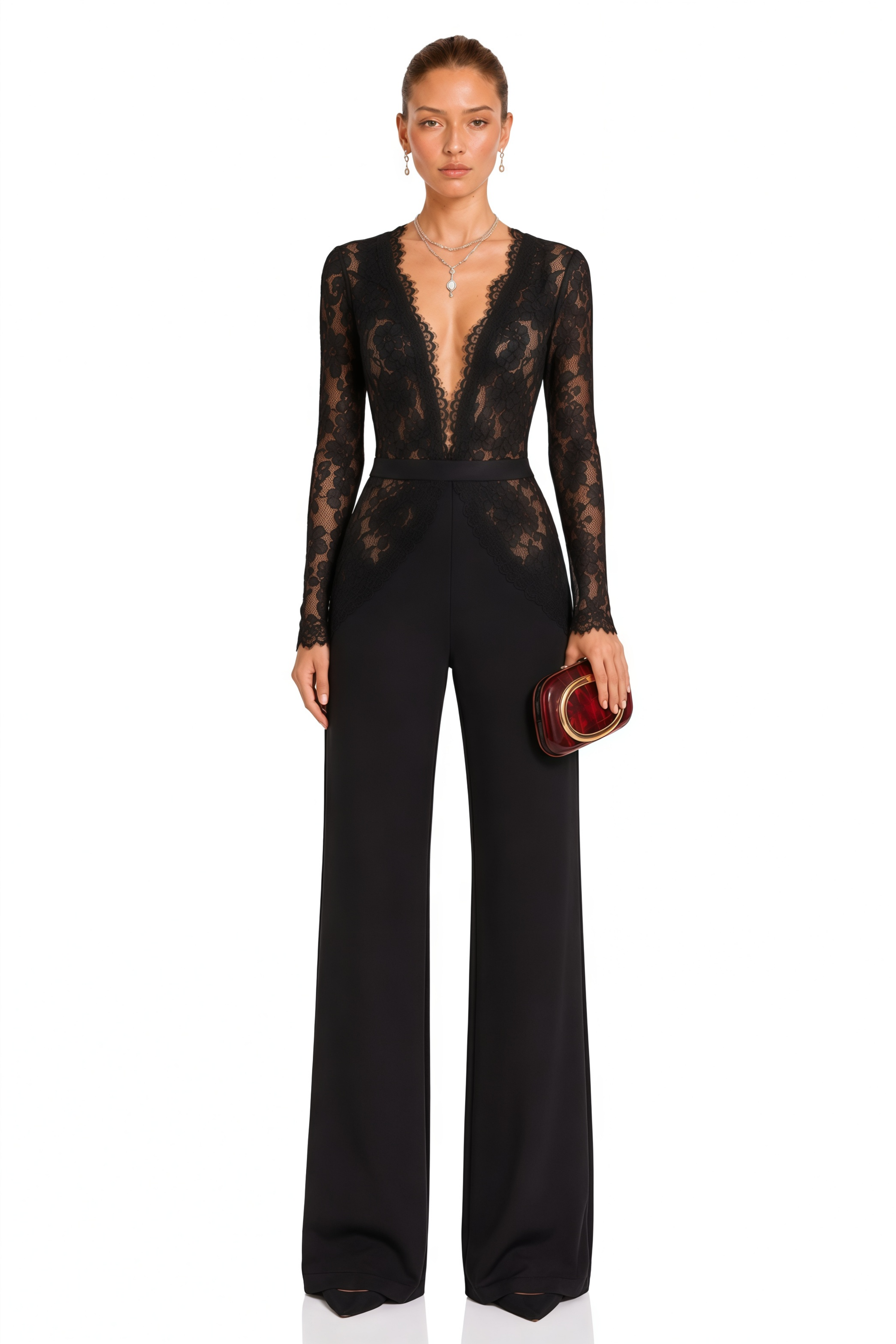 Zhadana Black Semi-Sheer Lace Panel Jumpsuit