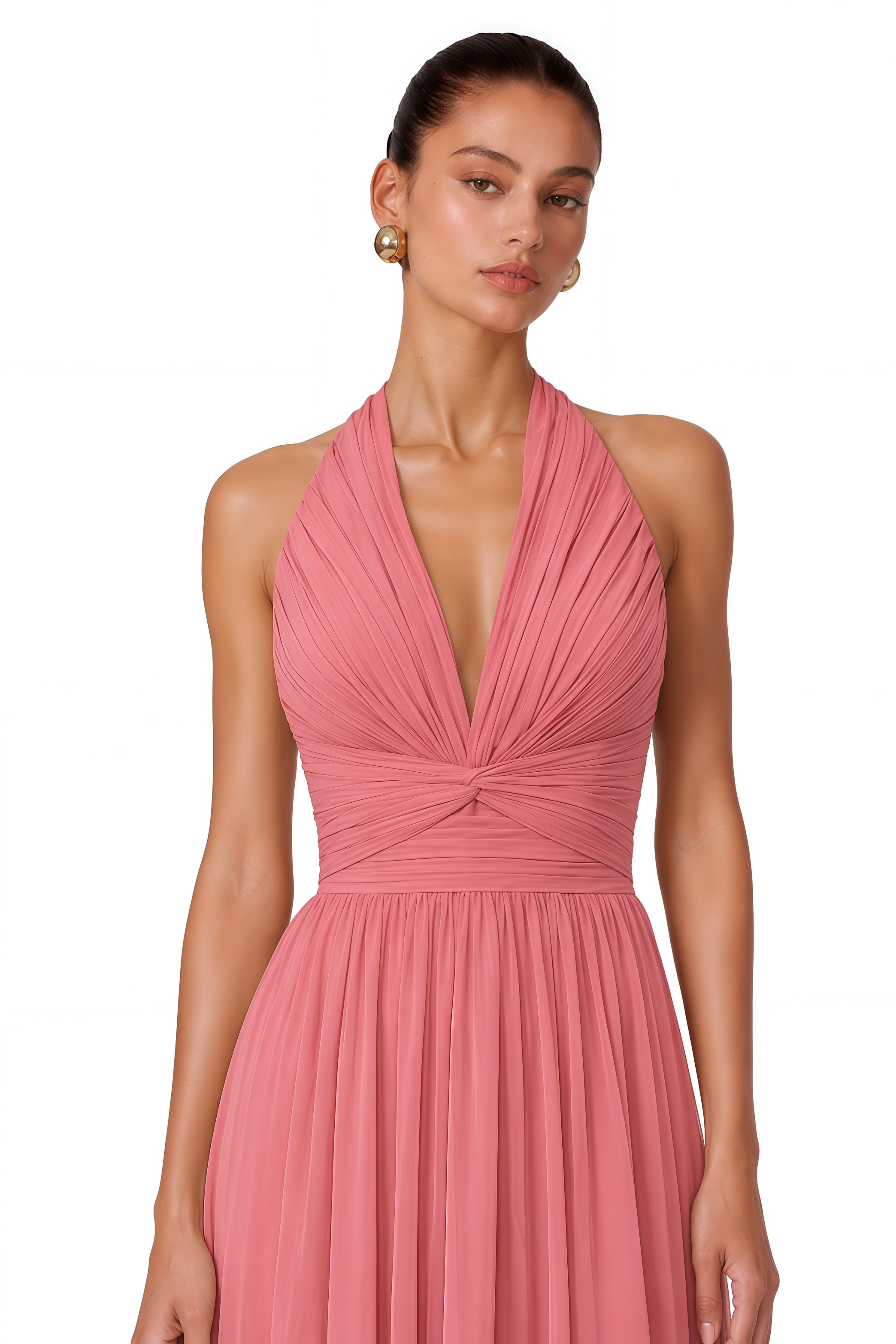 Macioci Pink Halterneck Ruched Maxi Dress with Criss Cross Front