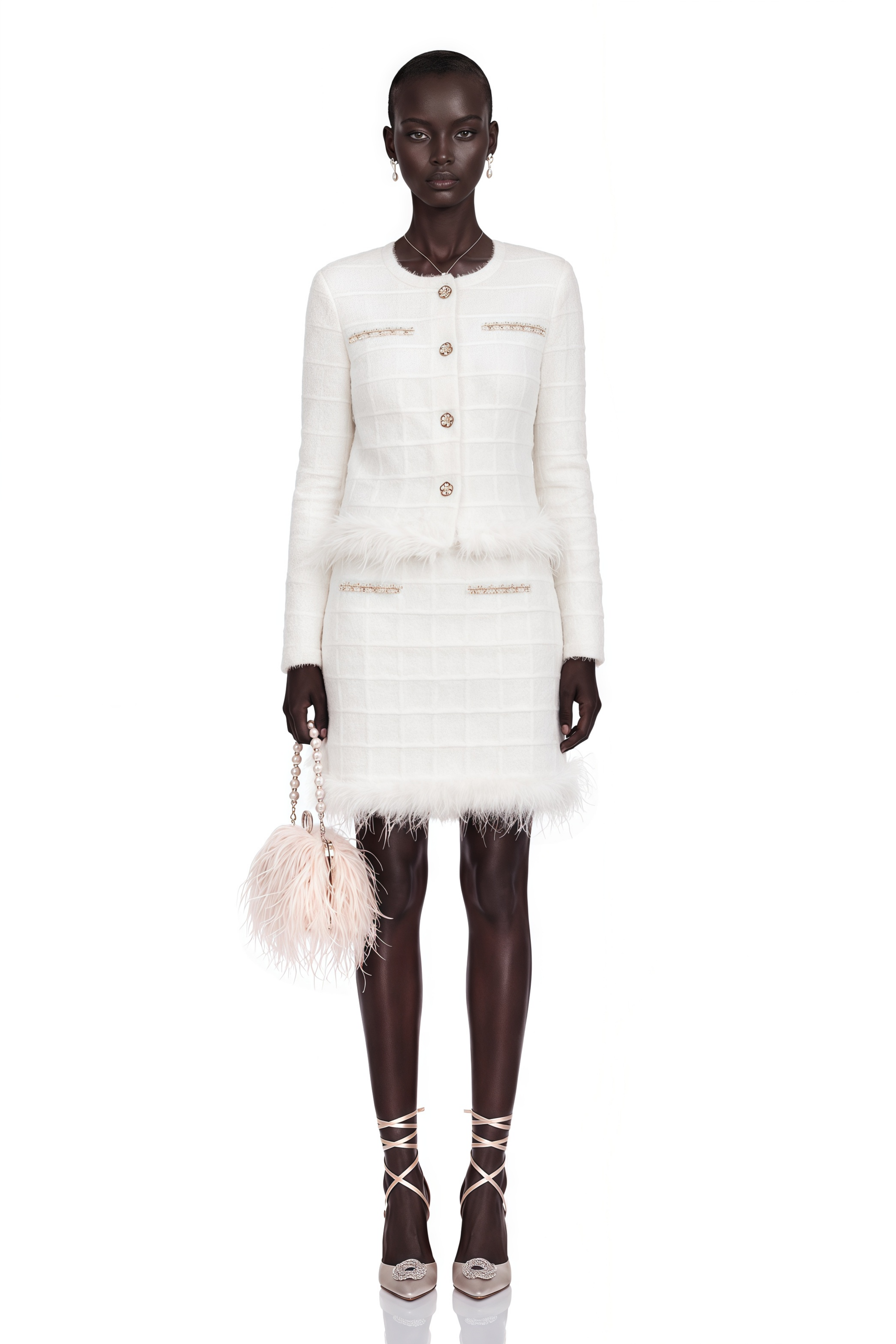 Cora White Feather Waffle Knit Cardigan & Skirt Matching Set