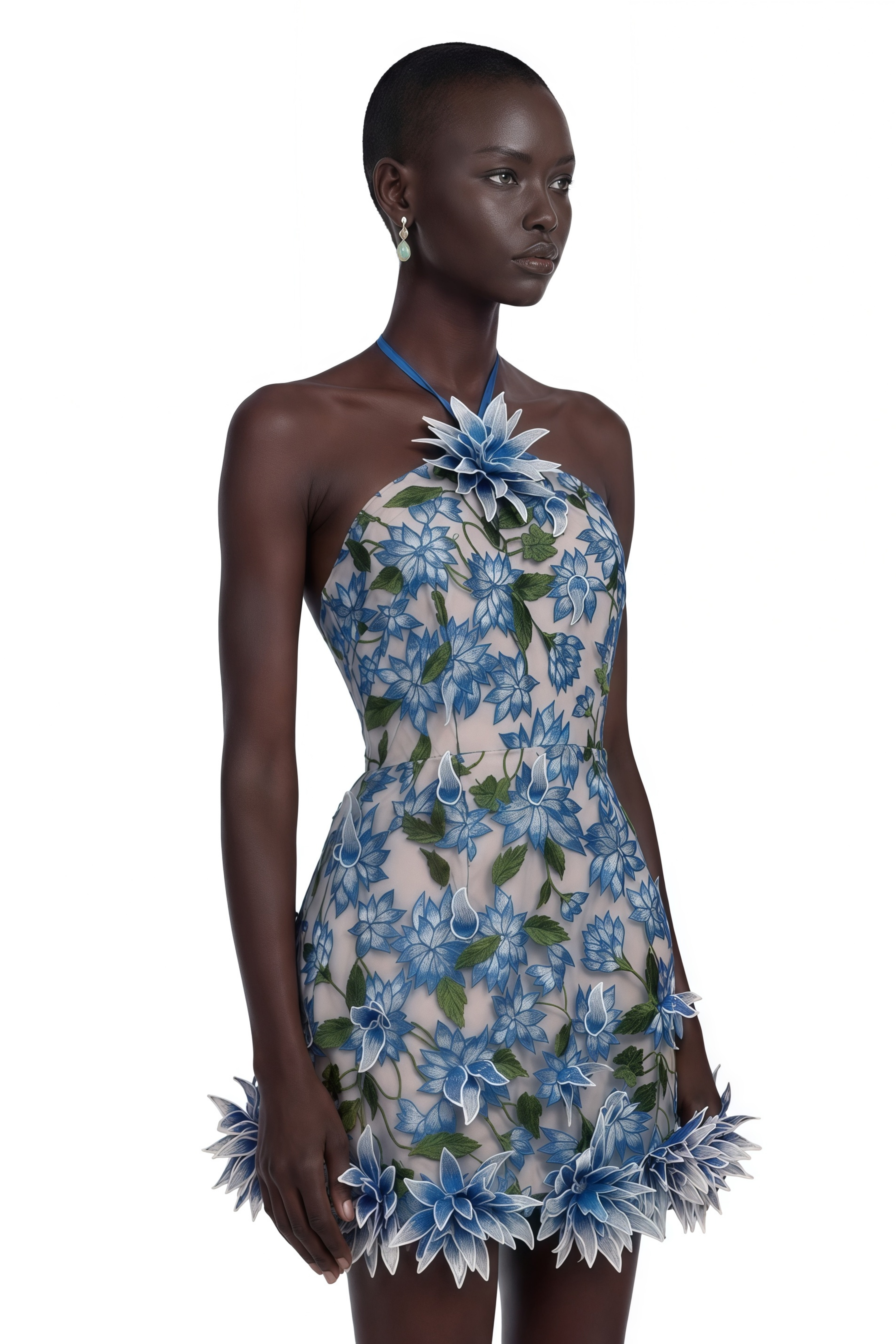 Doriane Blue Halterneck Floral Embroidered Mini Dress