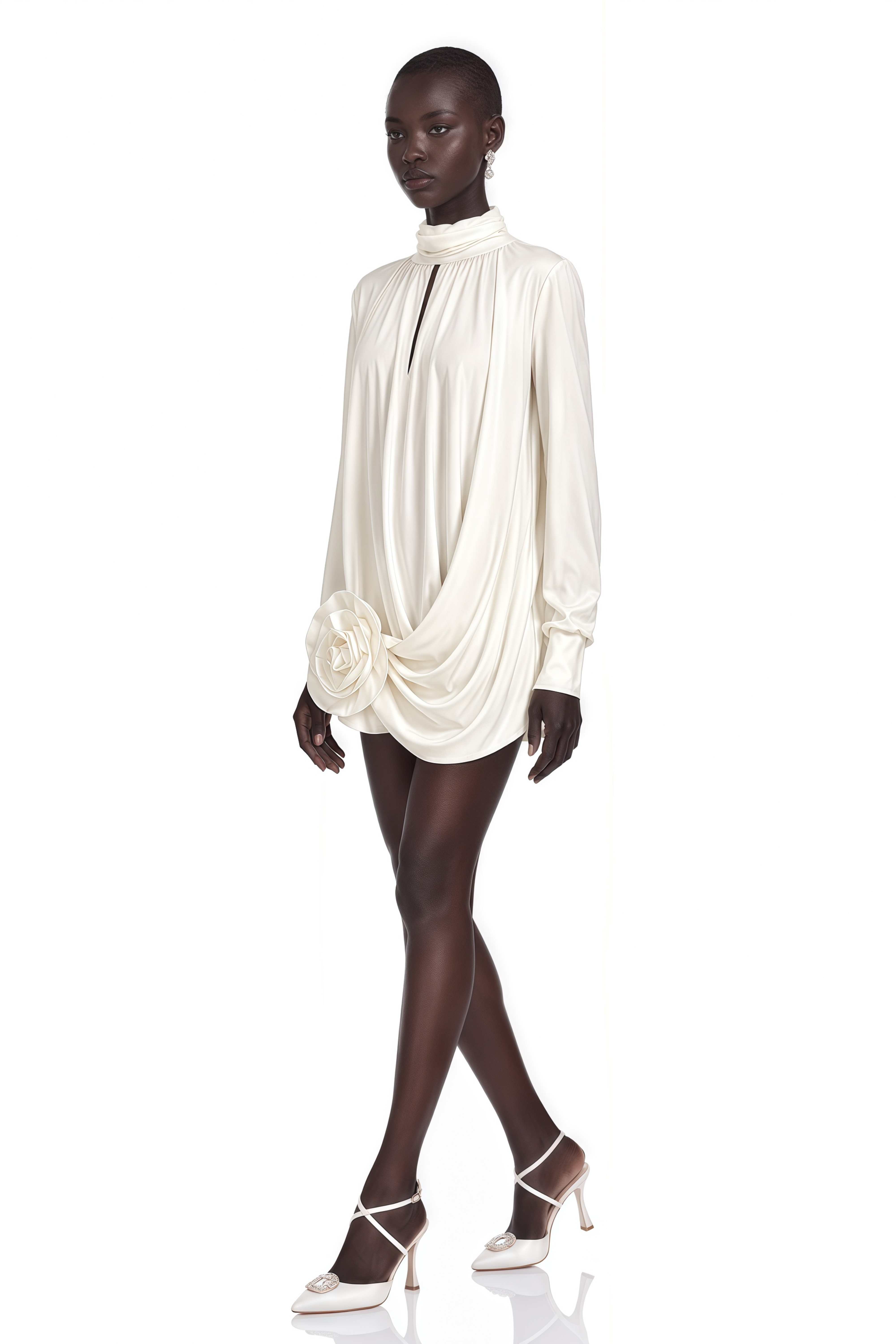 Maeva Faux-Flower Ruched Mini Dress in White