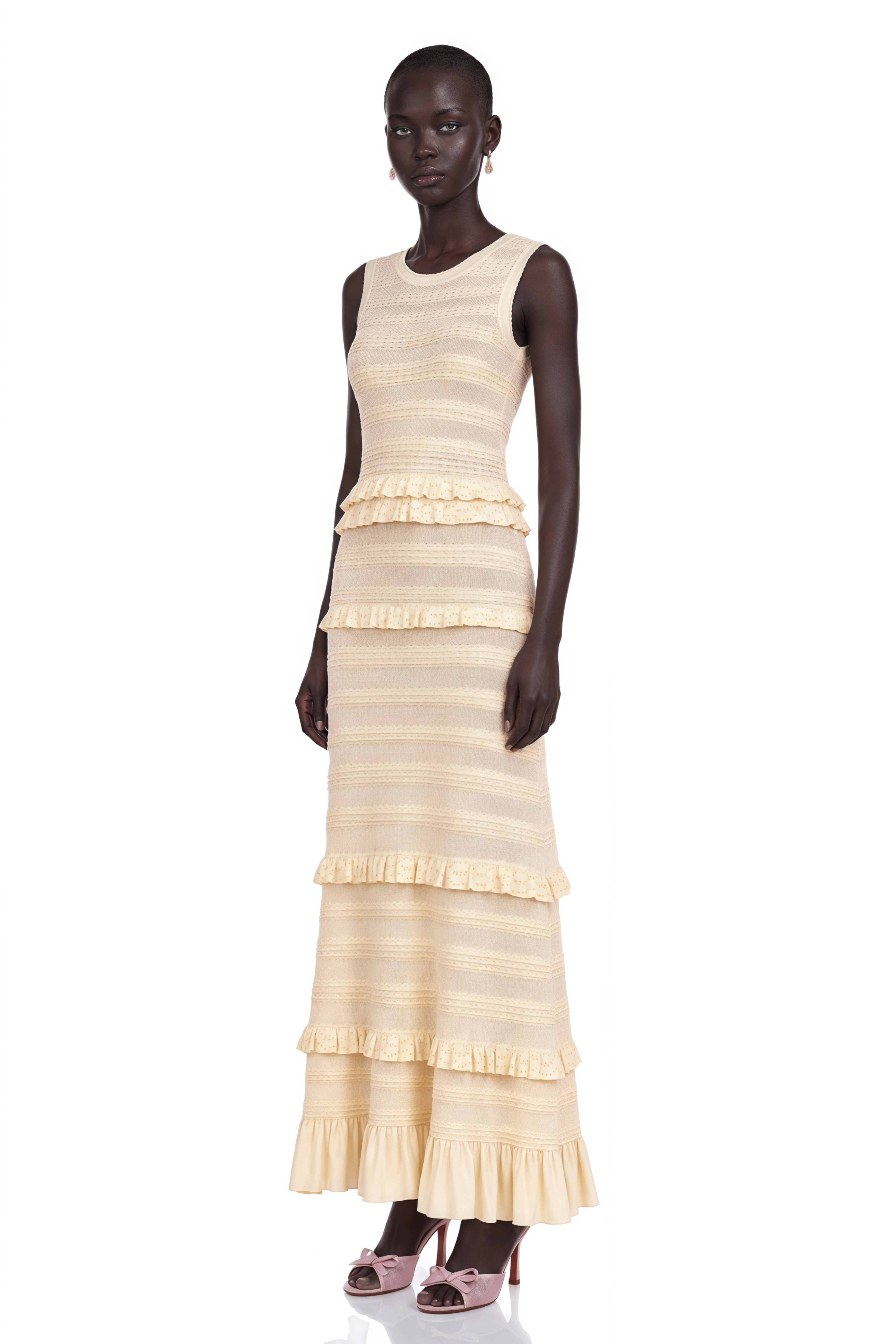 Airelle Beige Ruffled Sleeveless Knit Maxi Dress