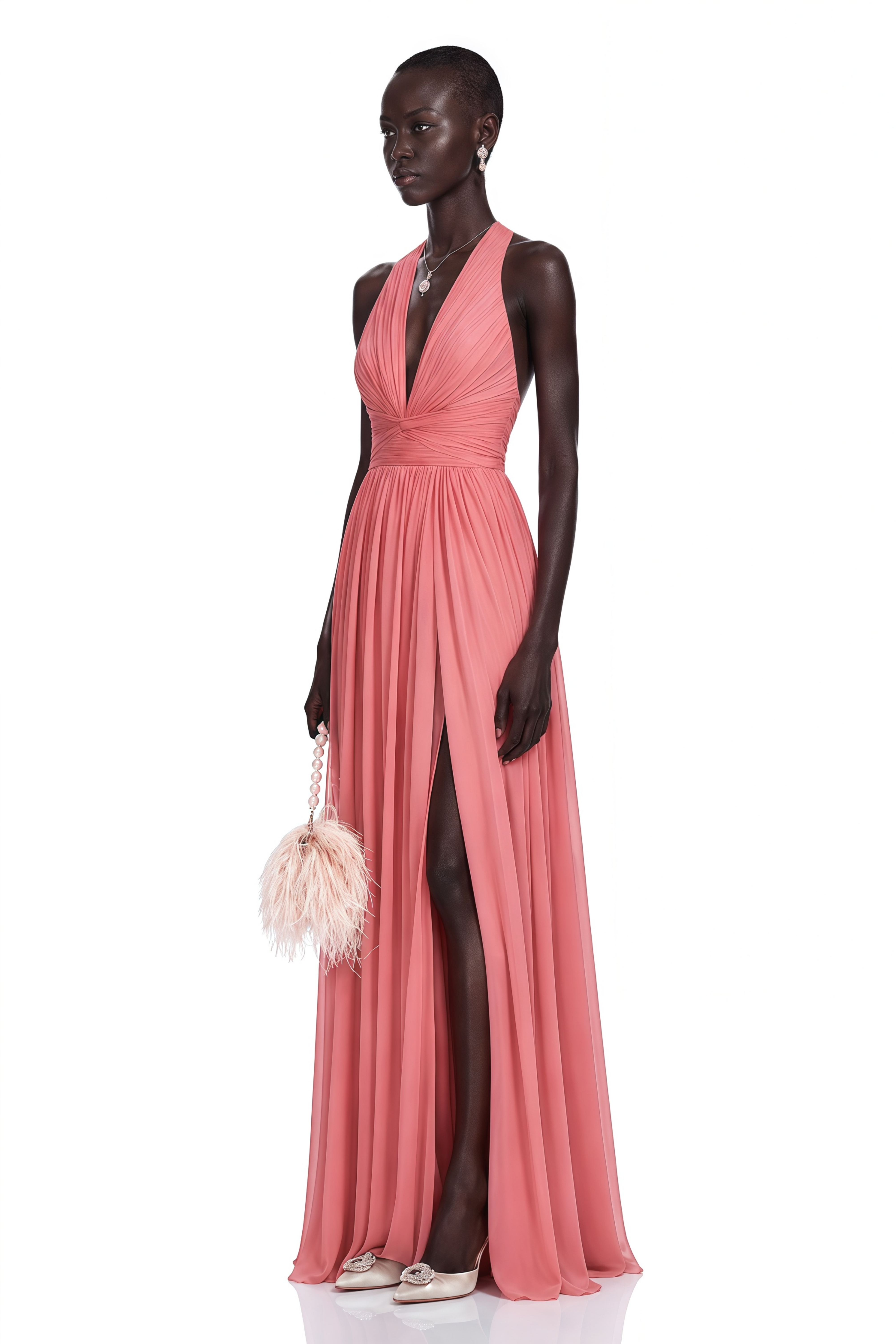 Macioci Pink Halterneck Ruched Maxi Dress with Criss Cross Front