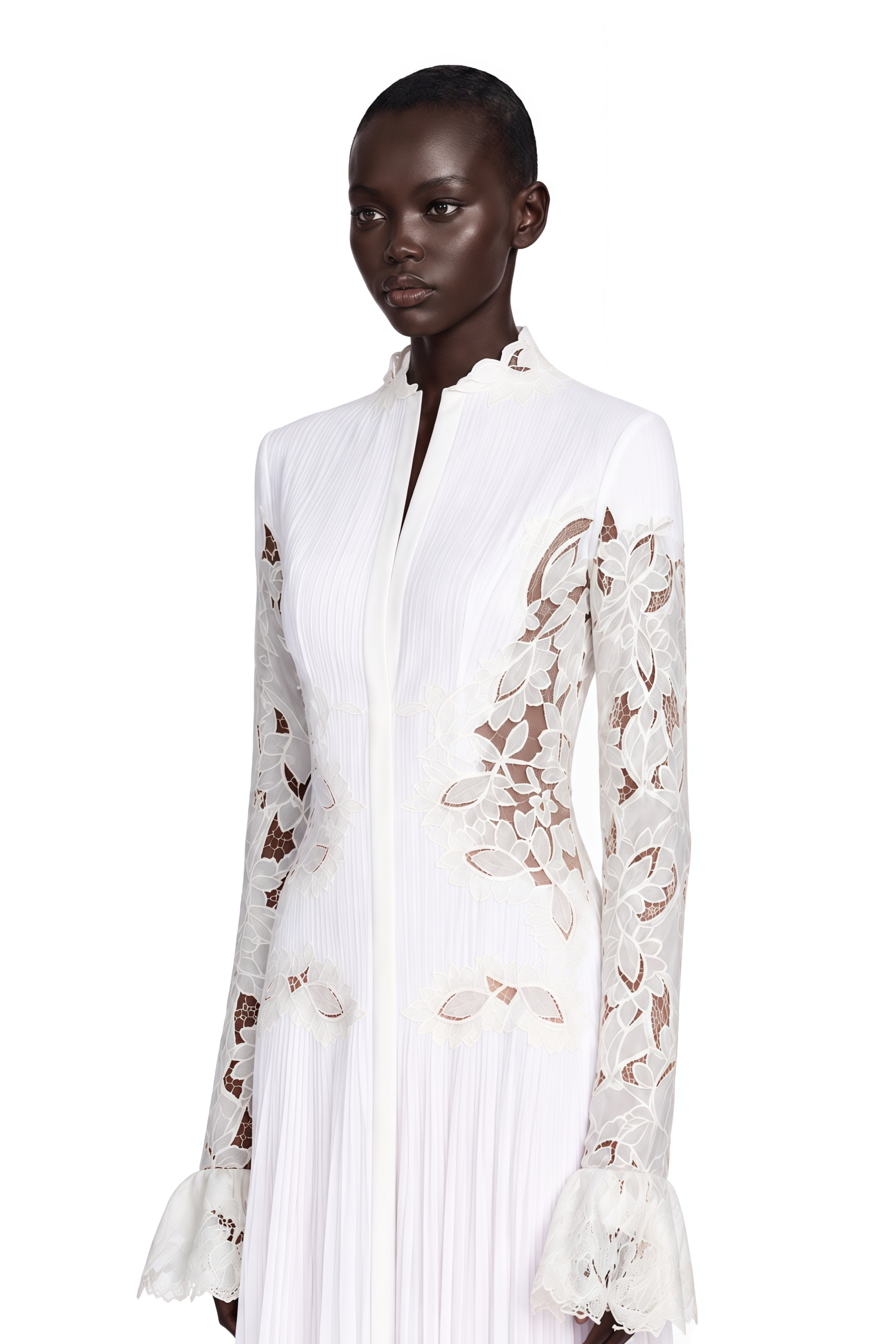 Chiara White Lace Panel Pleated Midi Dress