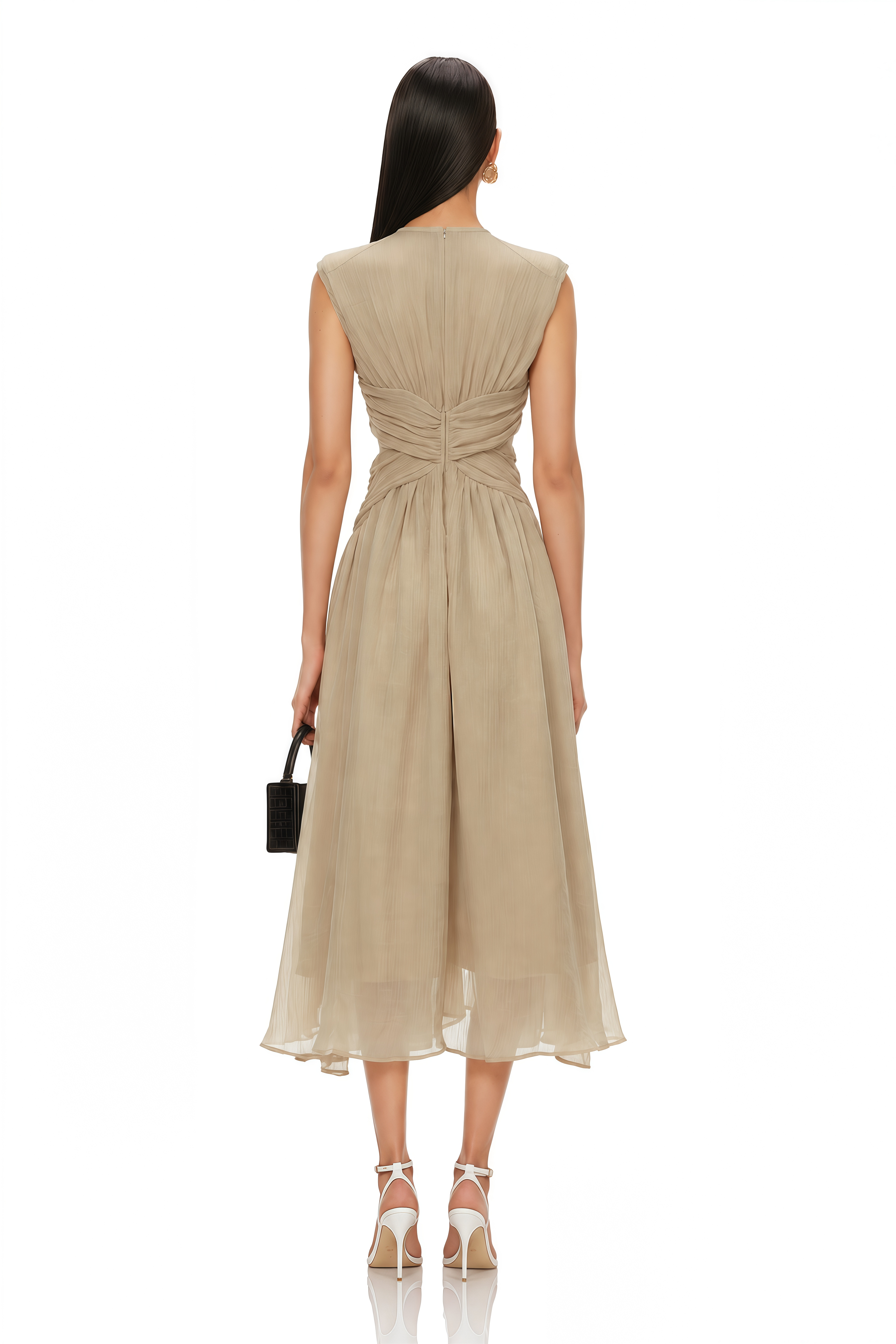 Ihaia Neutral Cross Front Ruched Midi Dress