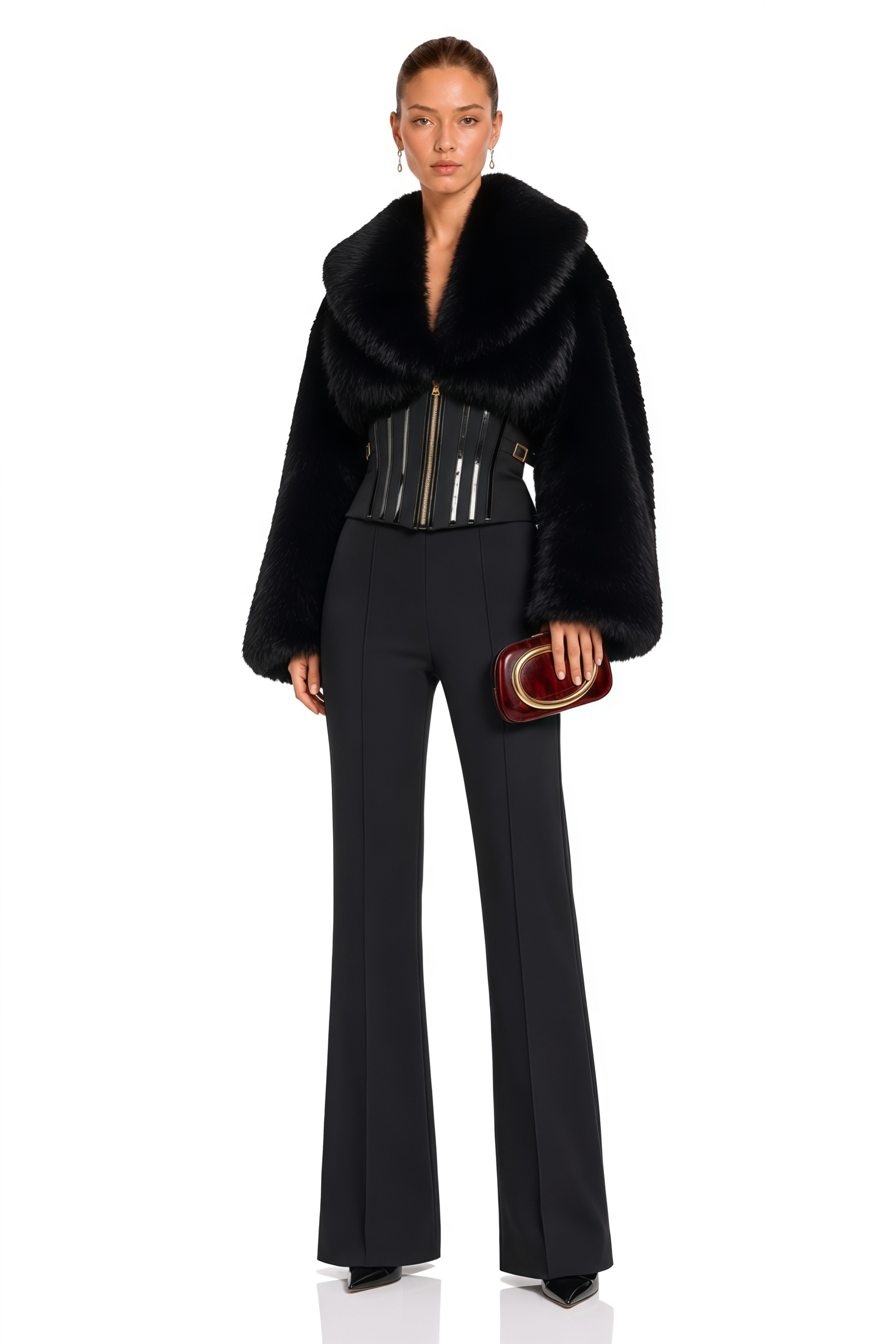 Alberta Black Faux-Fur Corset Panel Jacket