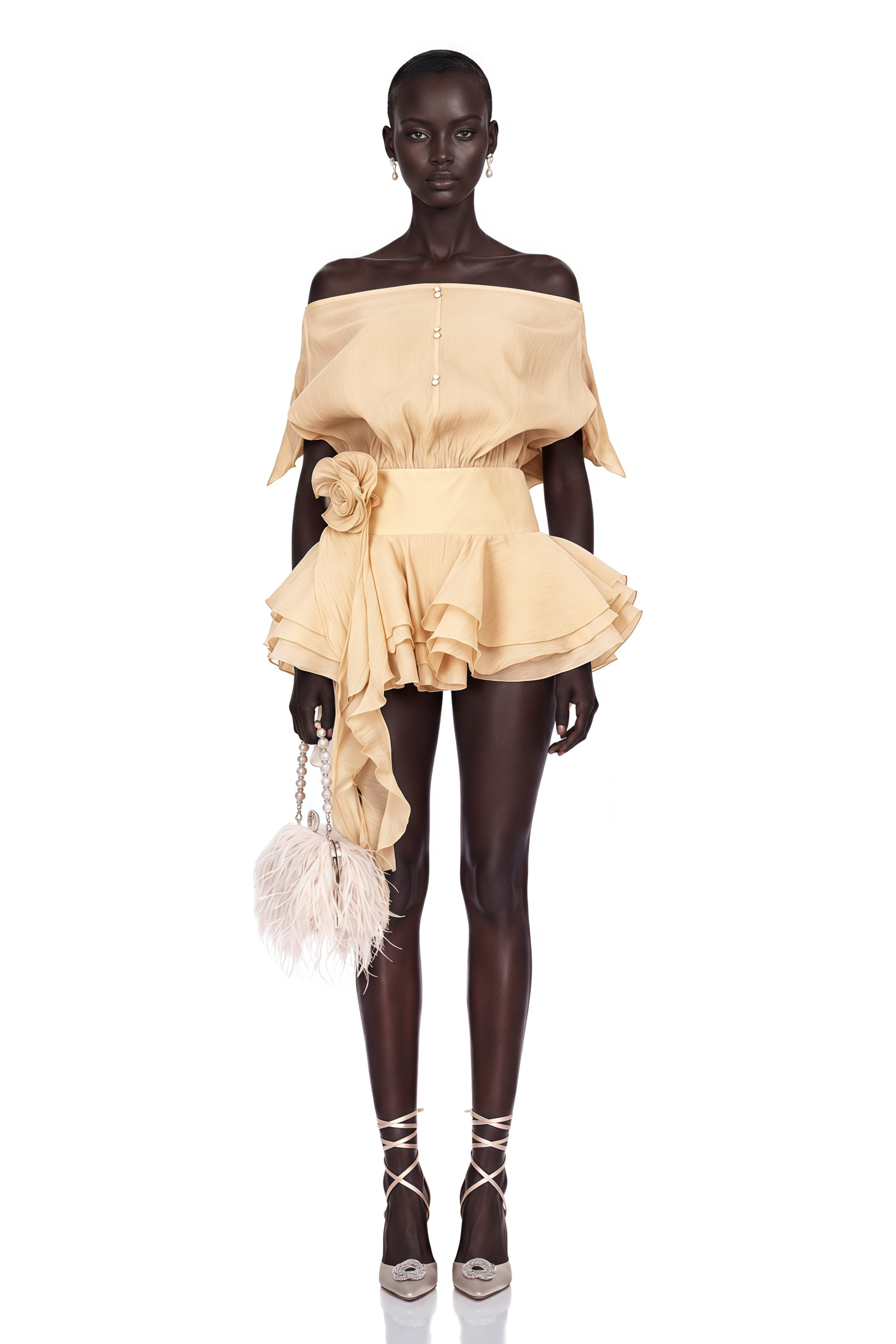 Amélie Floral-Appliqué Flounced Mini Dress in Neutrals