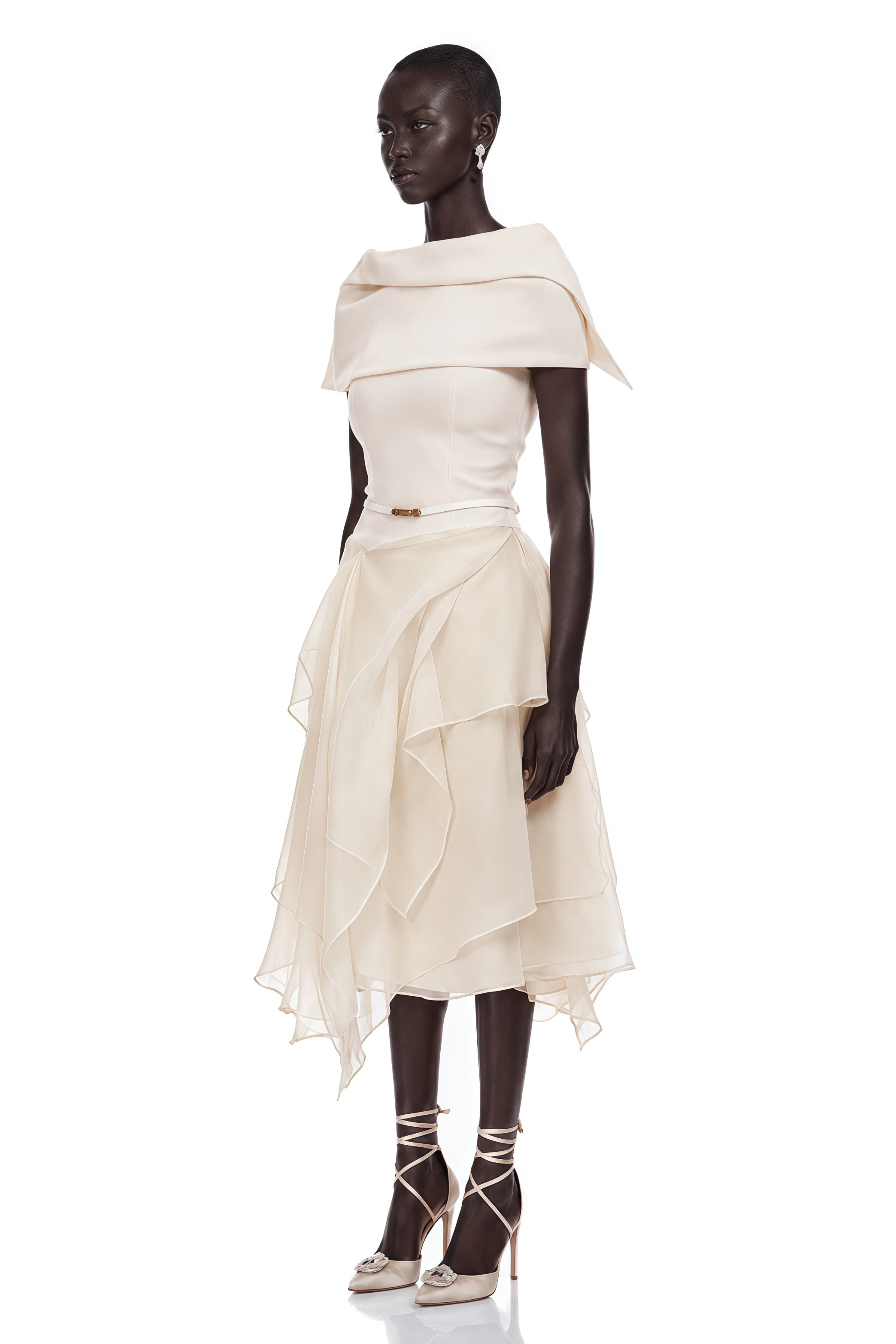 Aria White Asymmetrical Shawl & Tulle Panel Dress Set