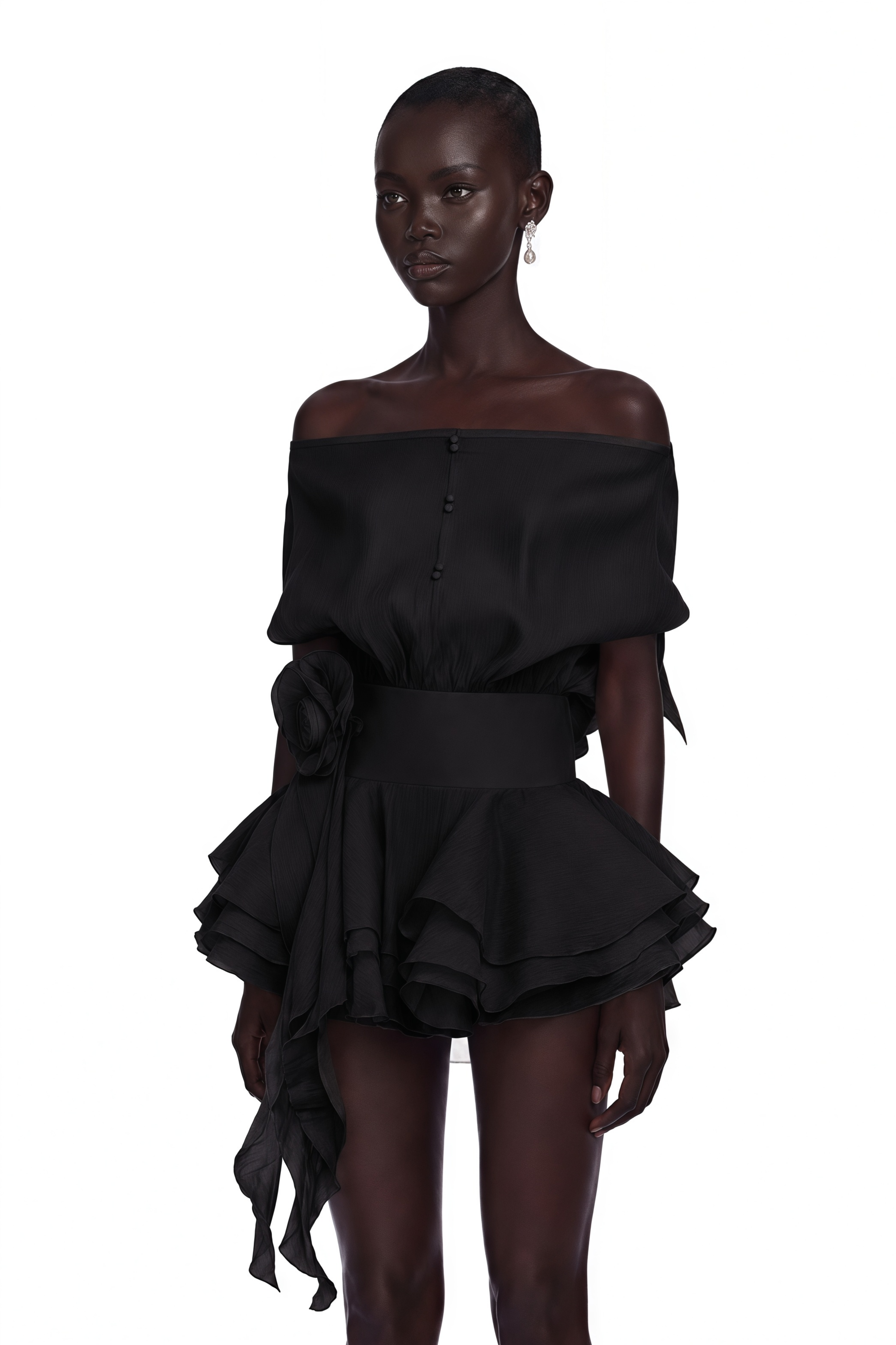 Amélie Black Floral Appliqué Flounced Mini Dress