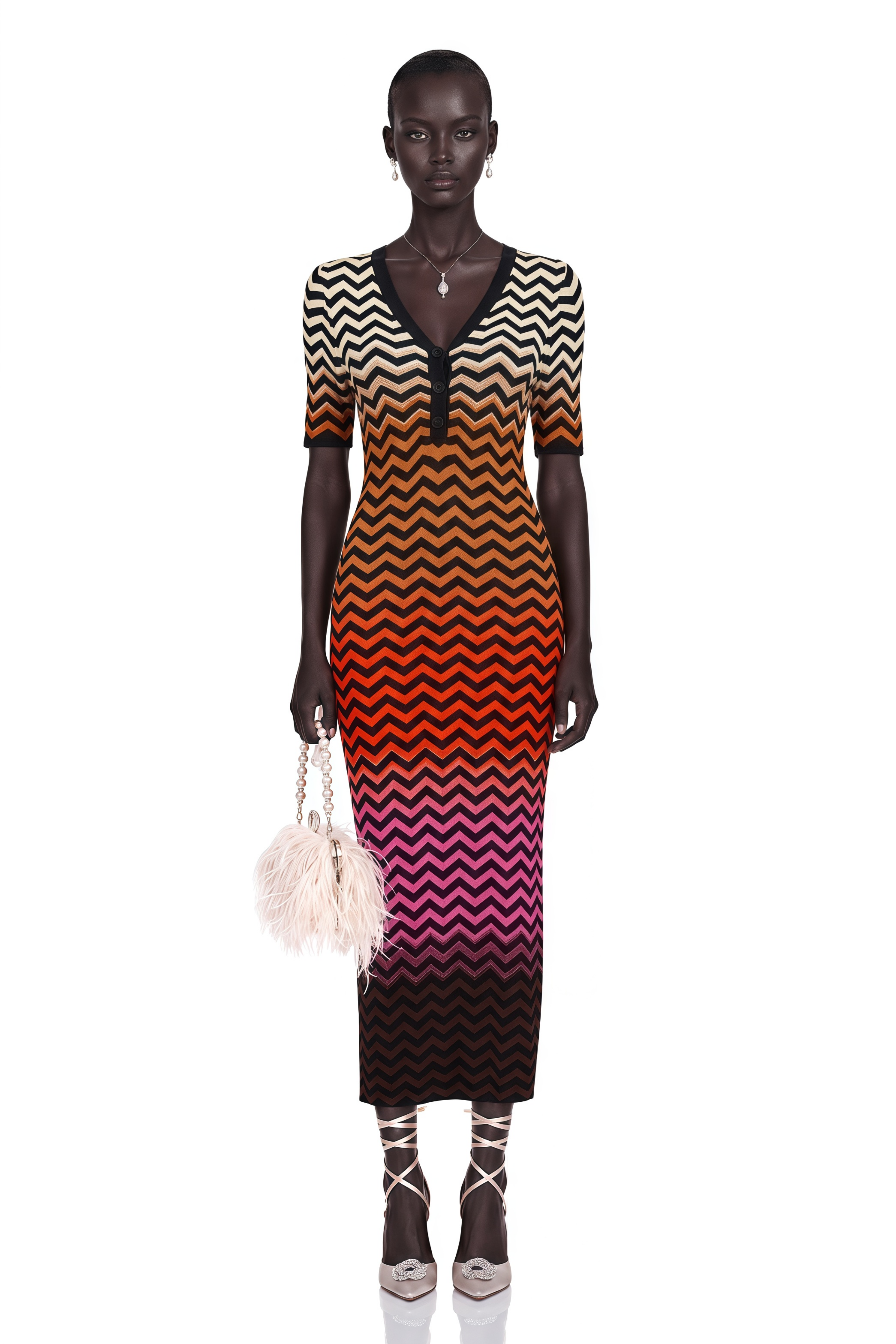 Charitina Brown Gradient Zigzag Knit Midi Dress