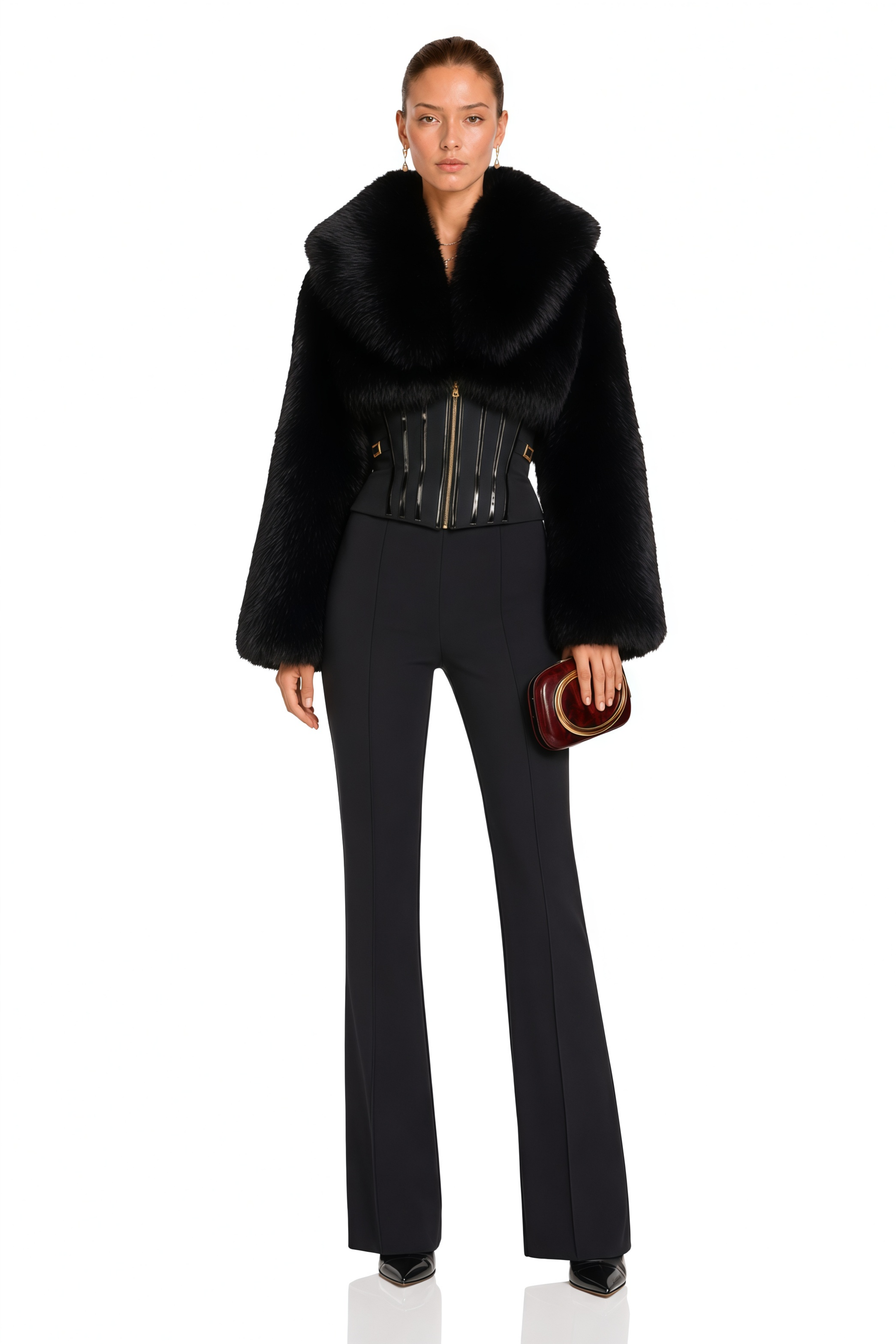 Alberta Black Faux-Fur Corset Panel Jacket
