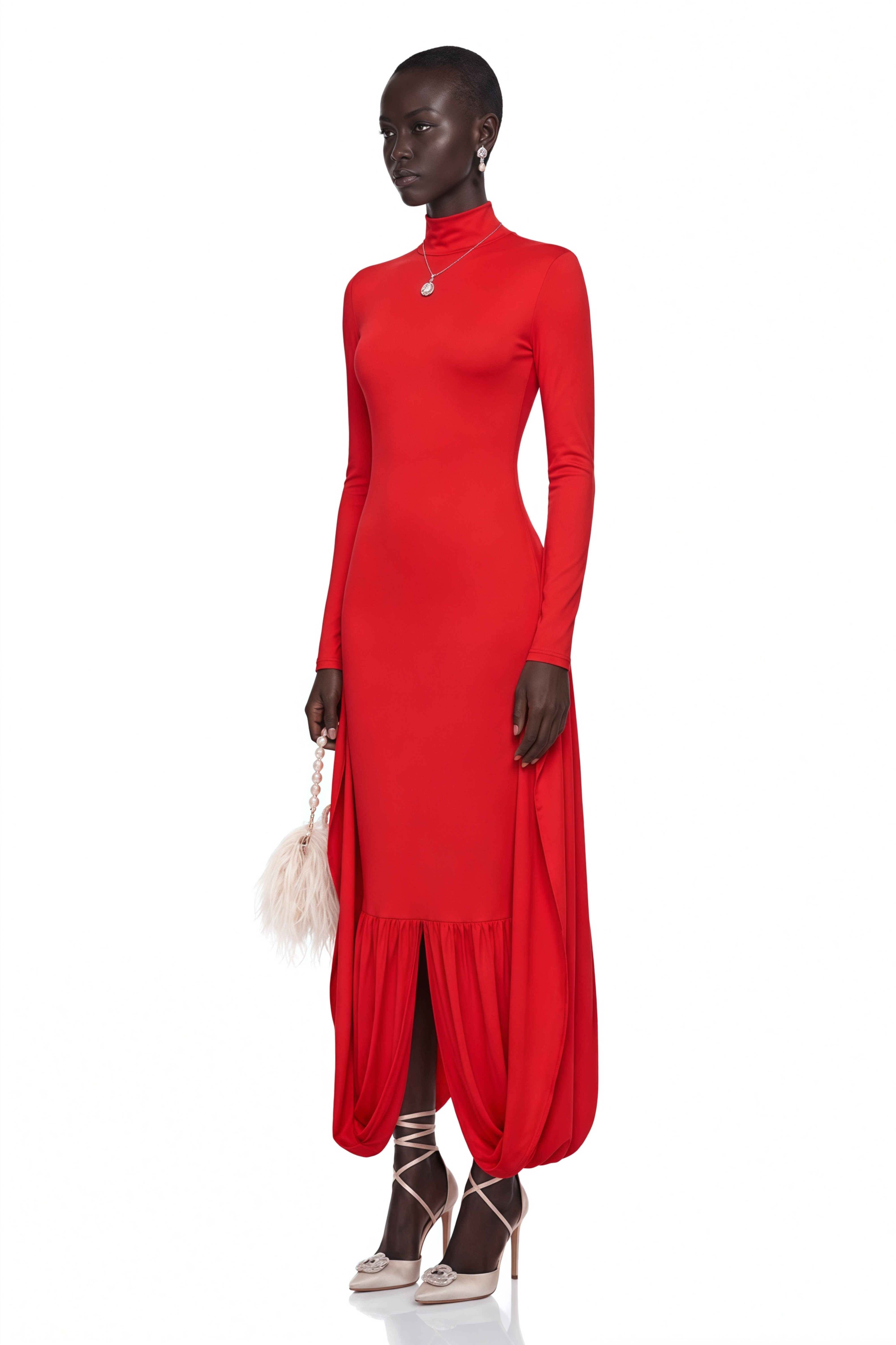 Camila Red Bodycon Midi Dress with Gathered balloon hem