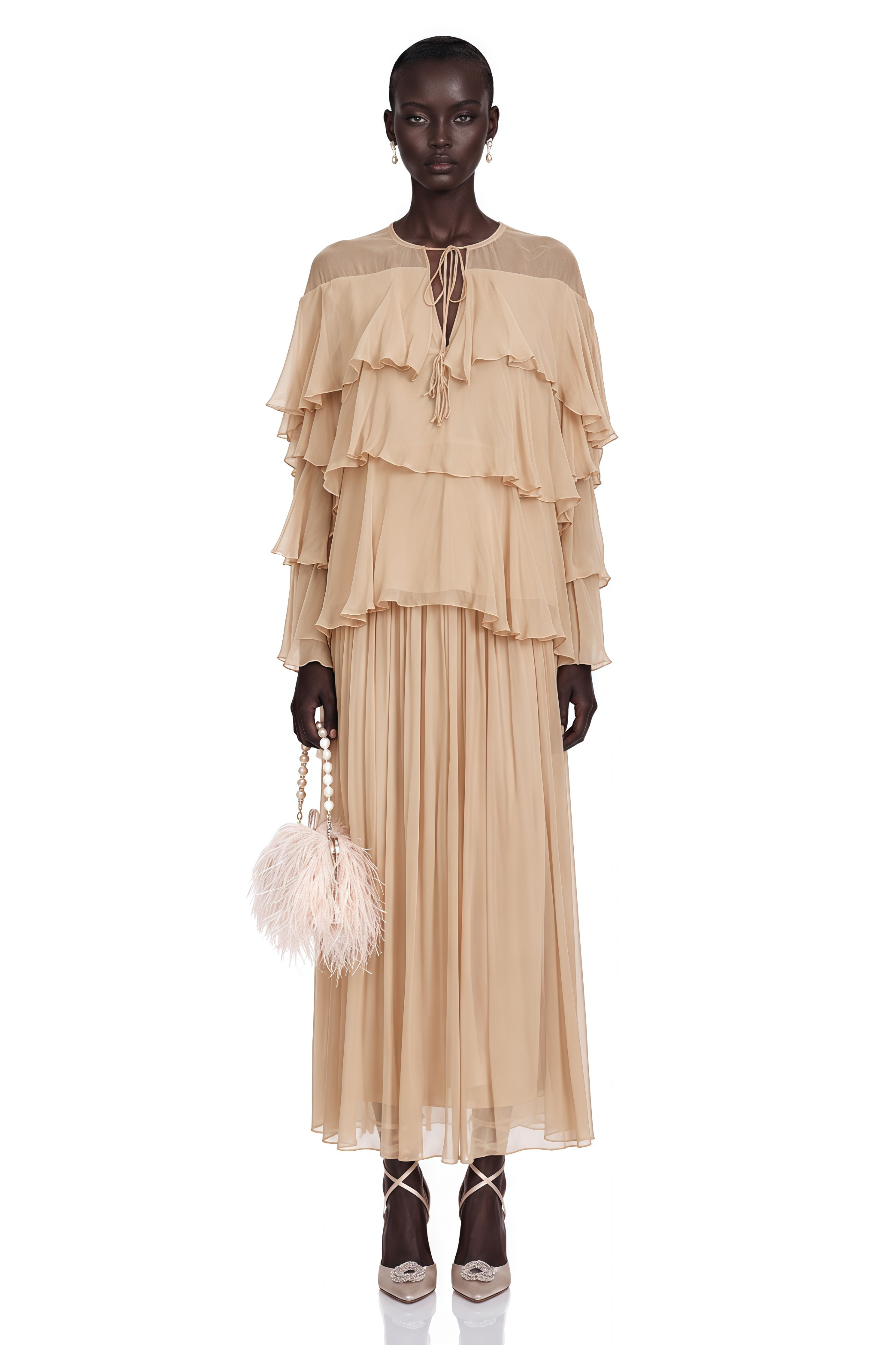 Brigitte Neutral Layered Chiffon Blouse & Skirt Set