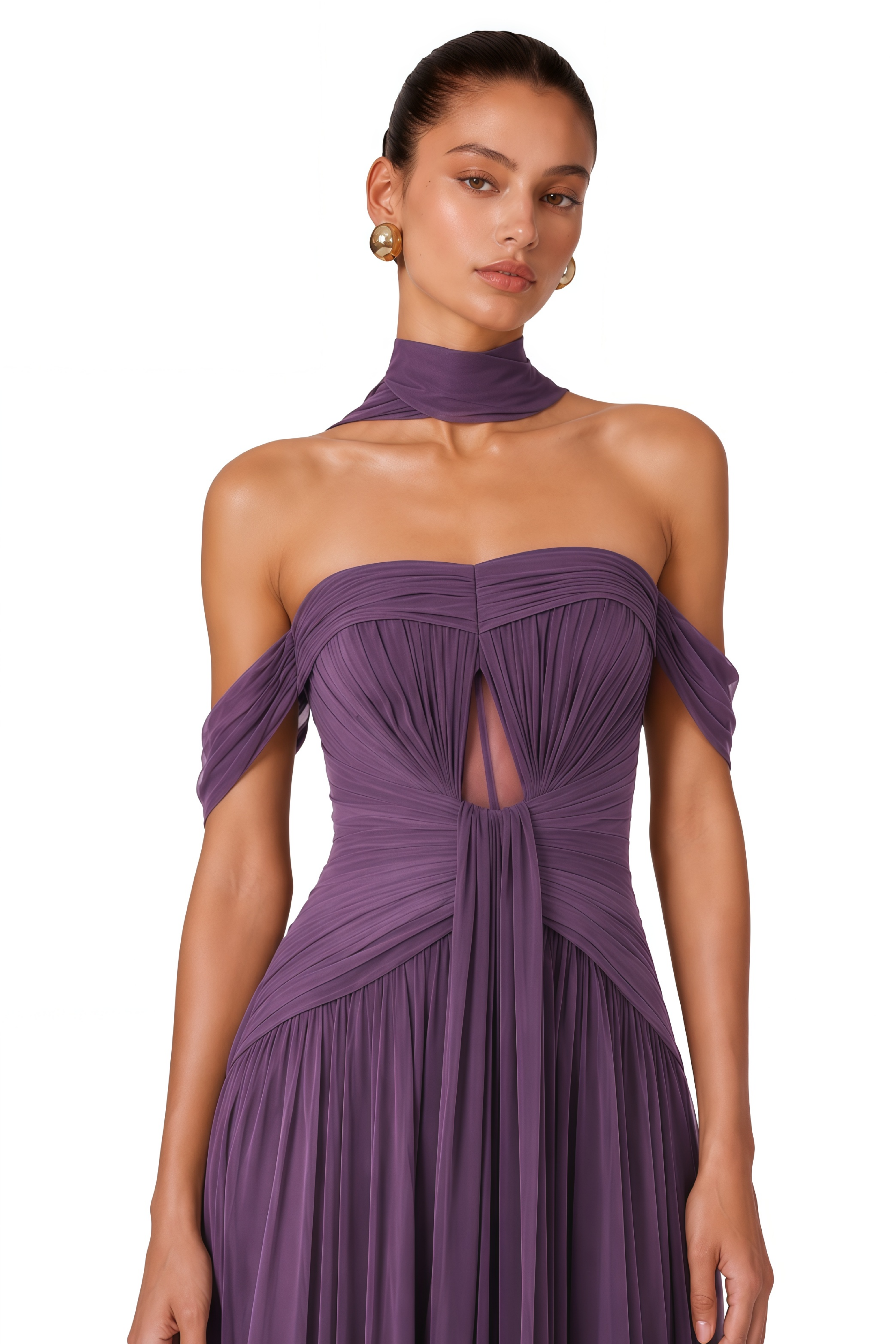 Annabelle Purple Off Shoulder Ruched Maxi Dress with Twist Front