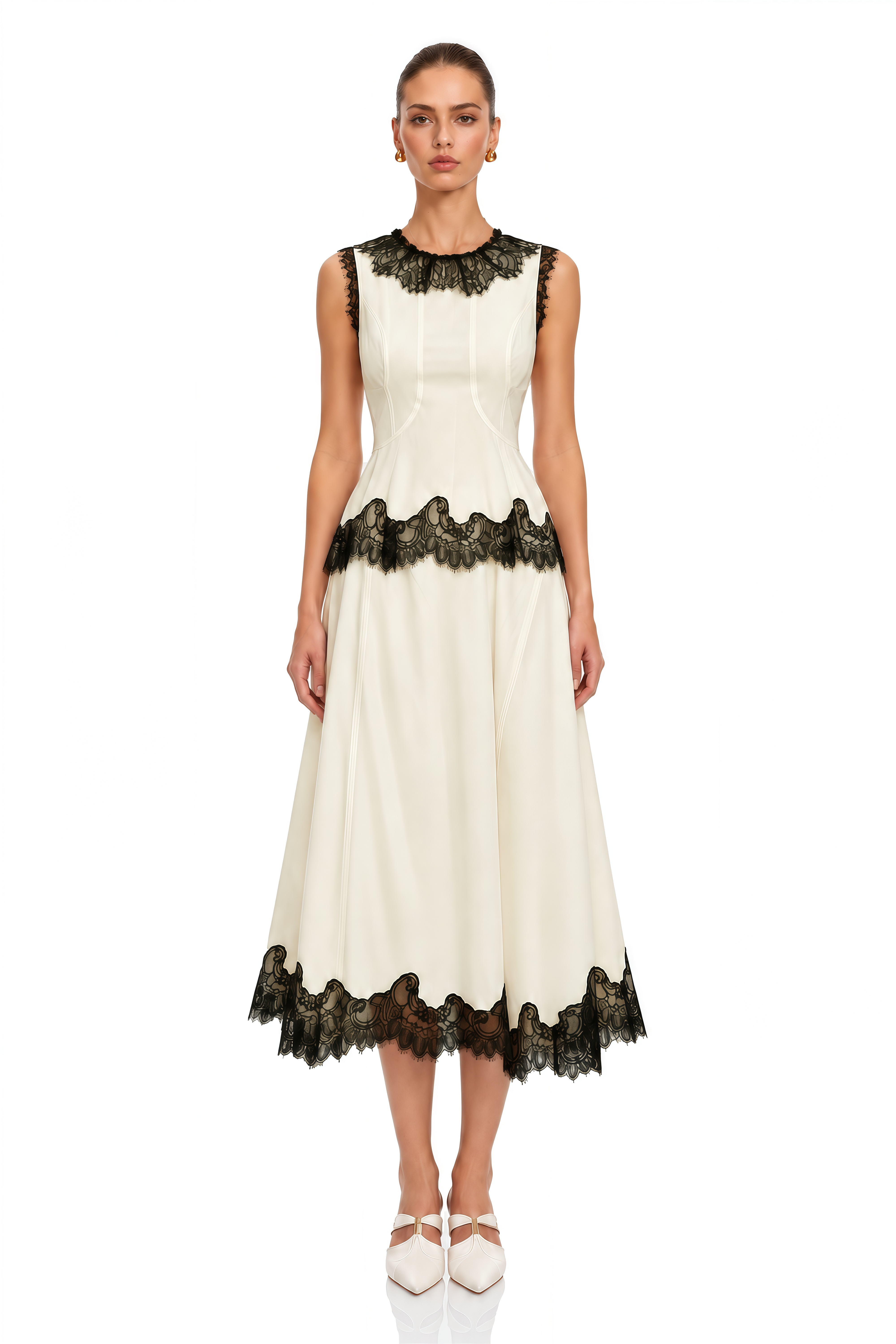 Zsofia Neutral Lace Panel Chiffon Top & Skirt Matching Set