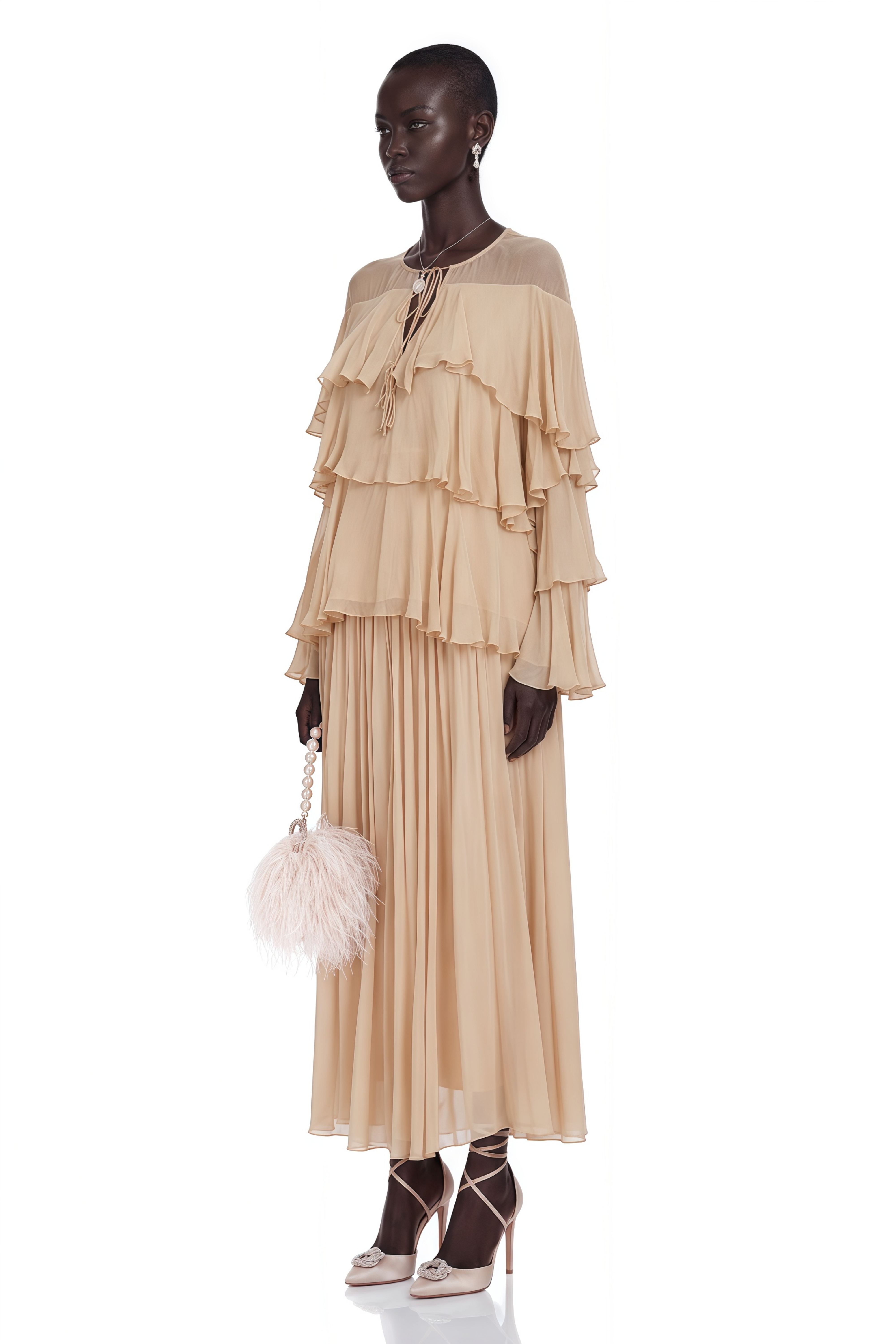 Brigitte Neutral Layered Chiffon Blouse & Skirt Set