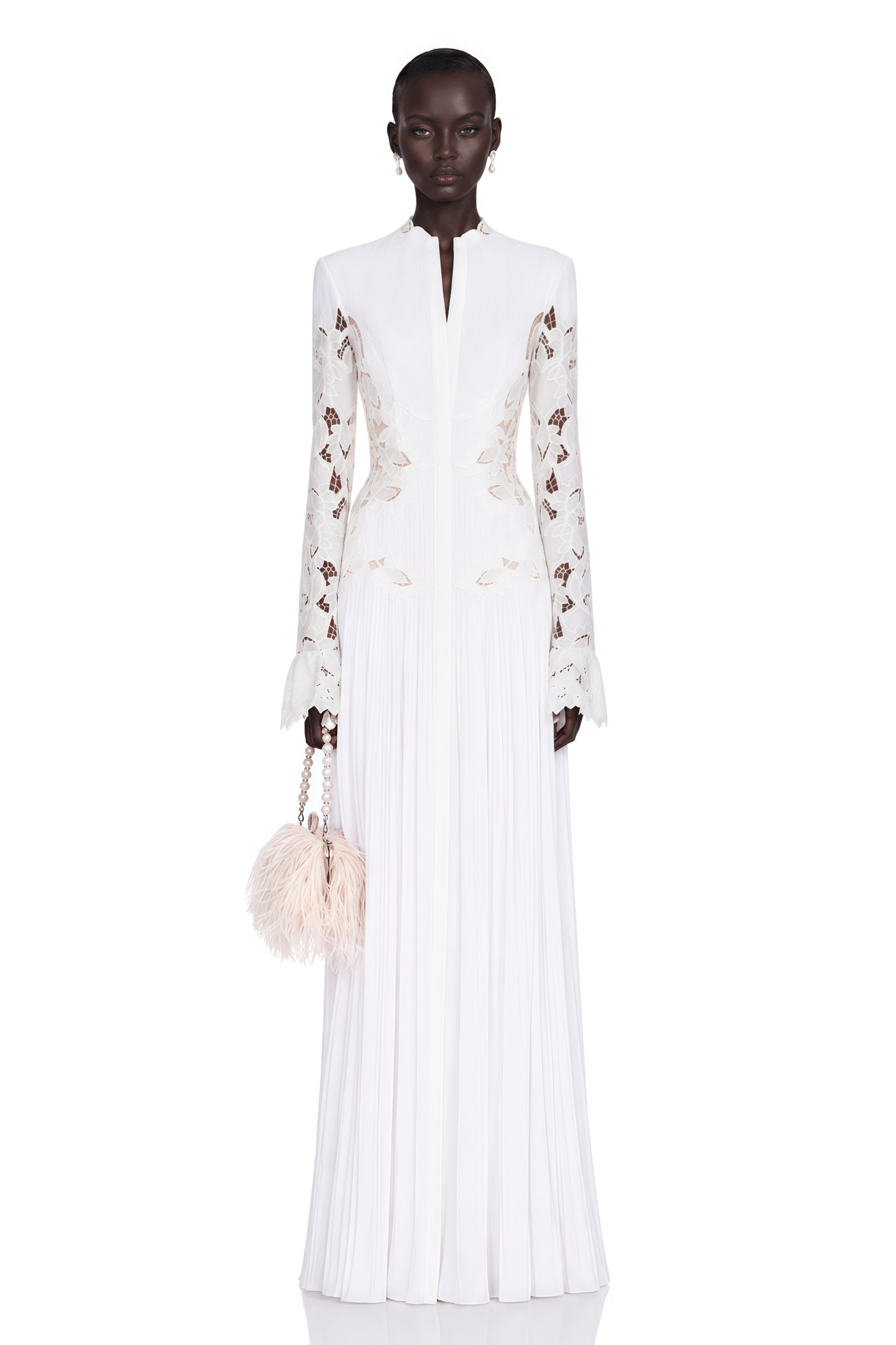 Chiara White Lace Panel Pleated Midi Dress