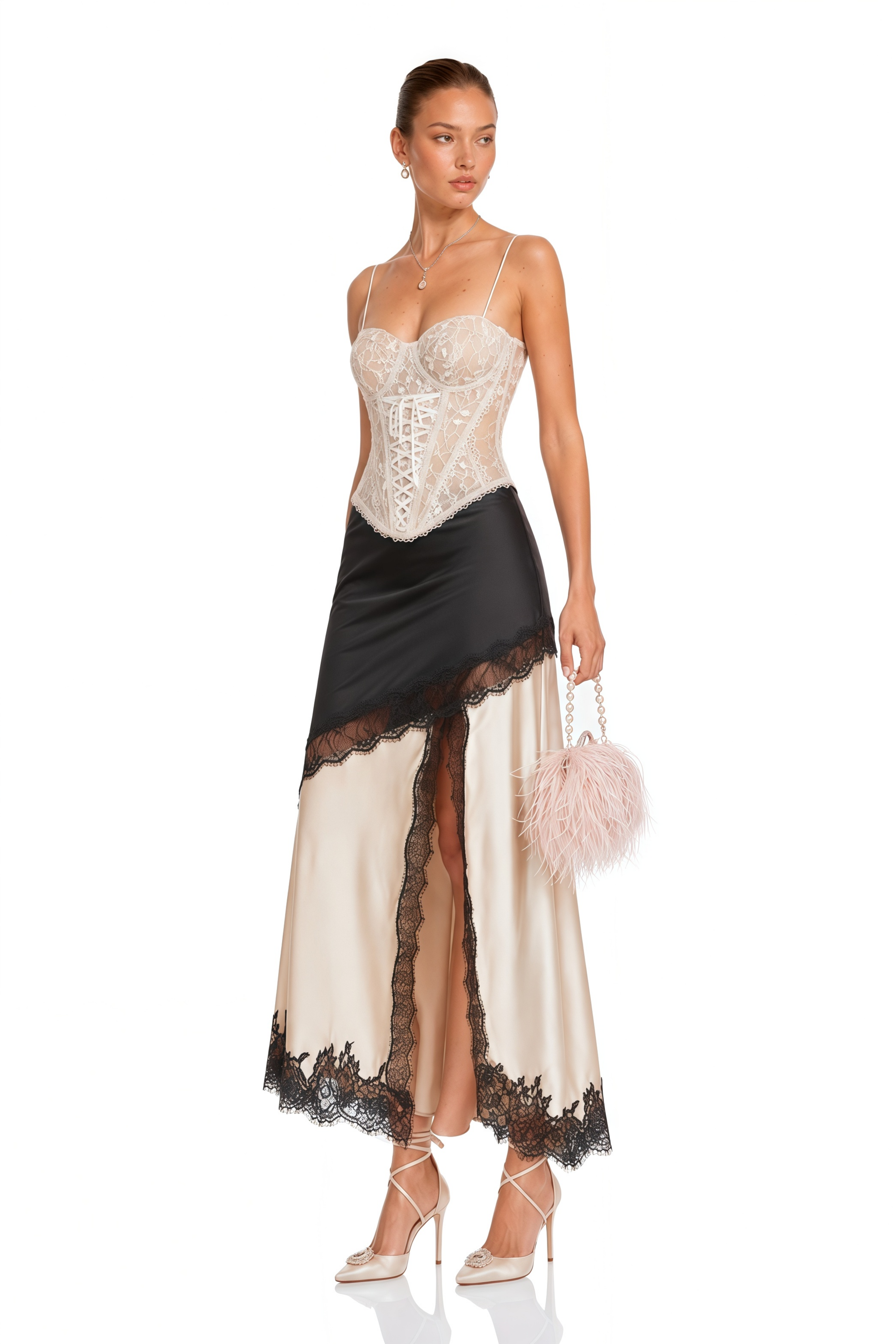 Raphaëlle lace-panel asymmetrical satin skirt