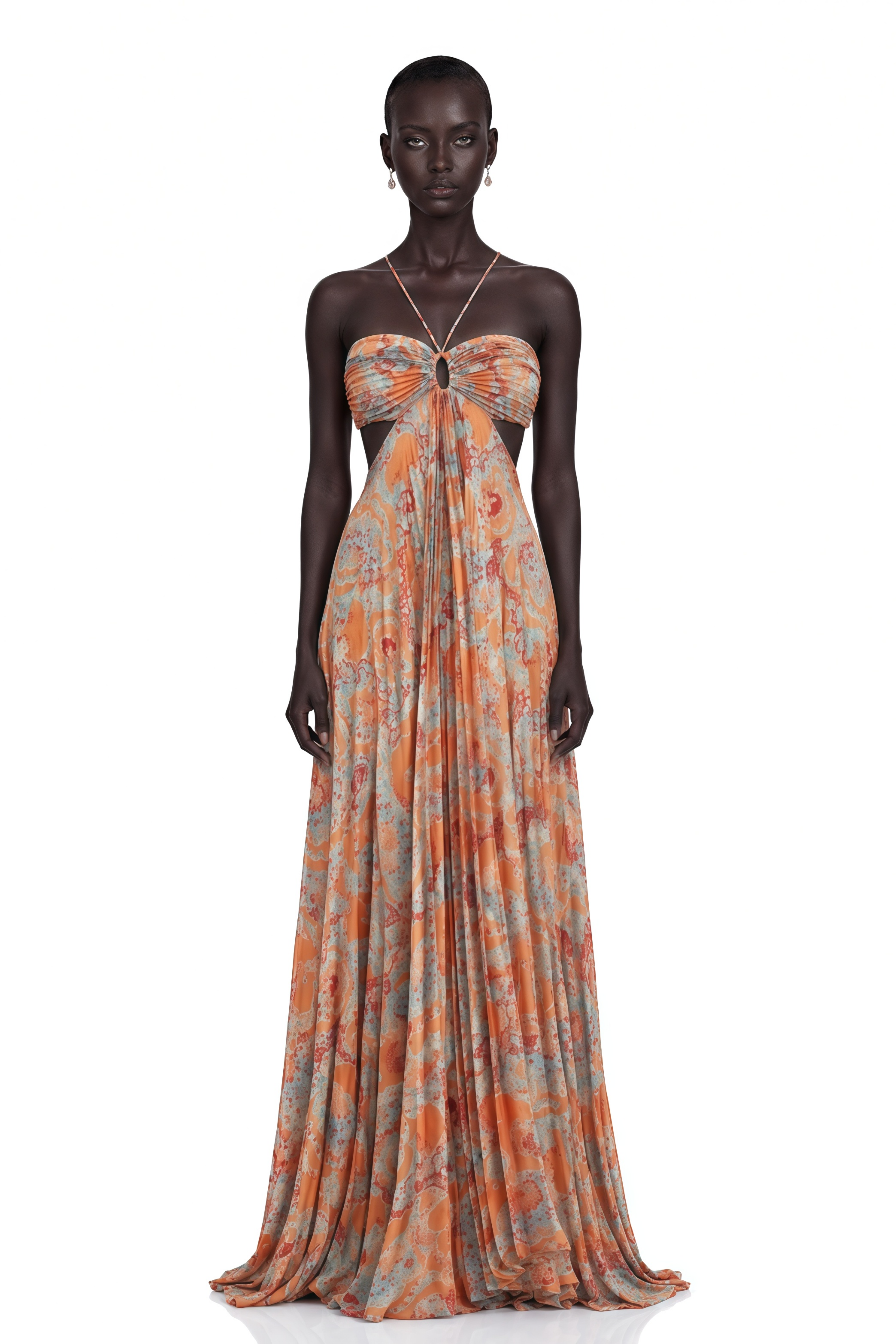 Andréa Orange Floral Print Pleated Maxi Dress with Cutout Detail