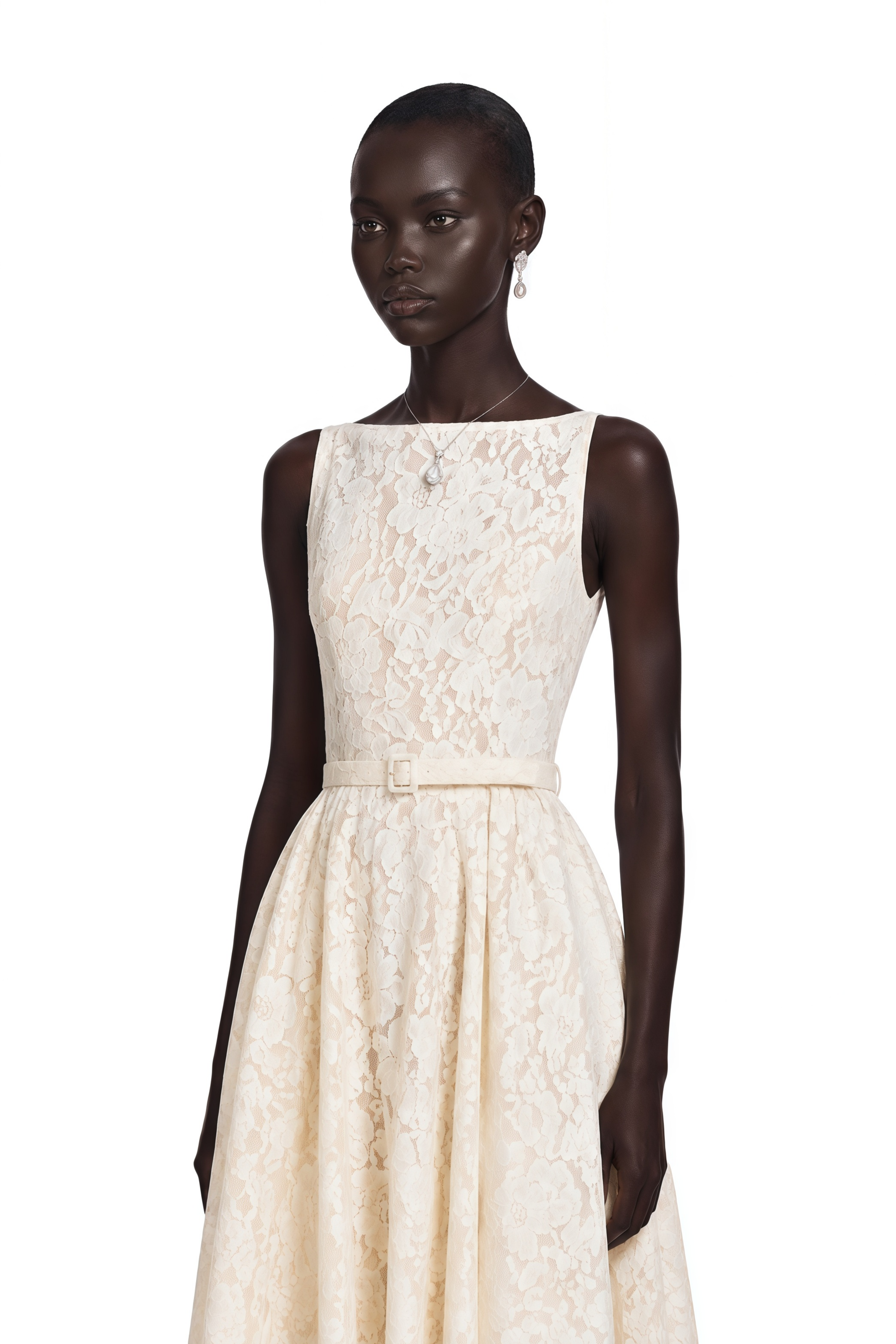 Golnar White Sleeveless Floral Lace Maxi Dress