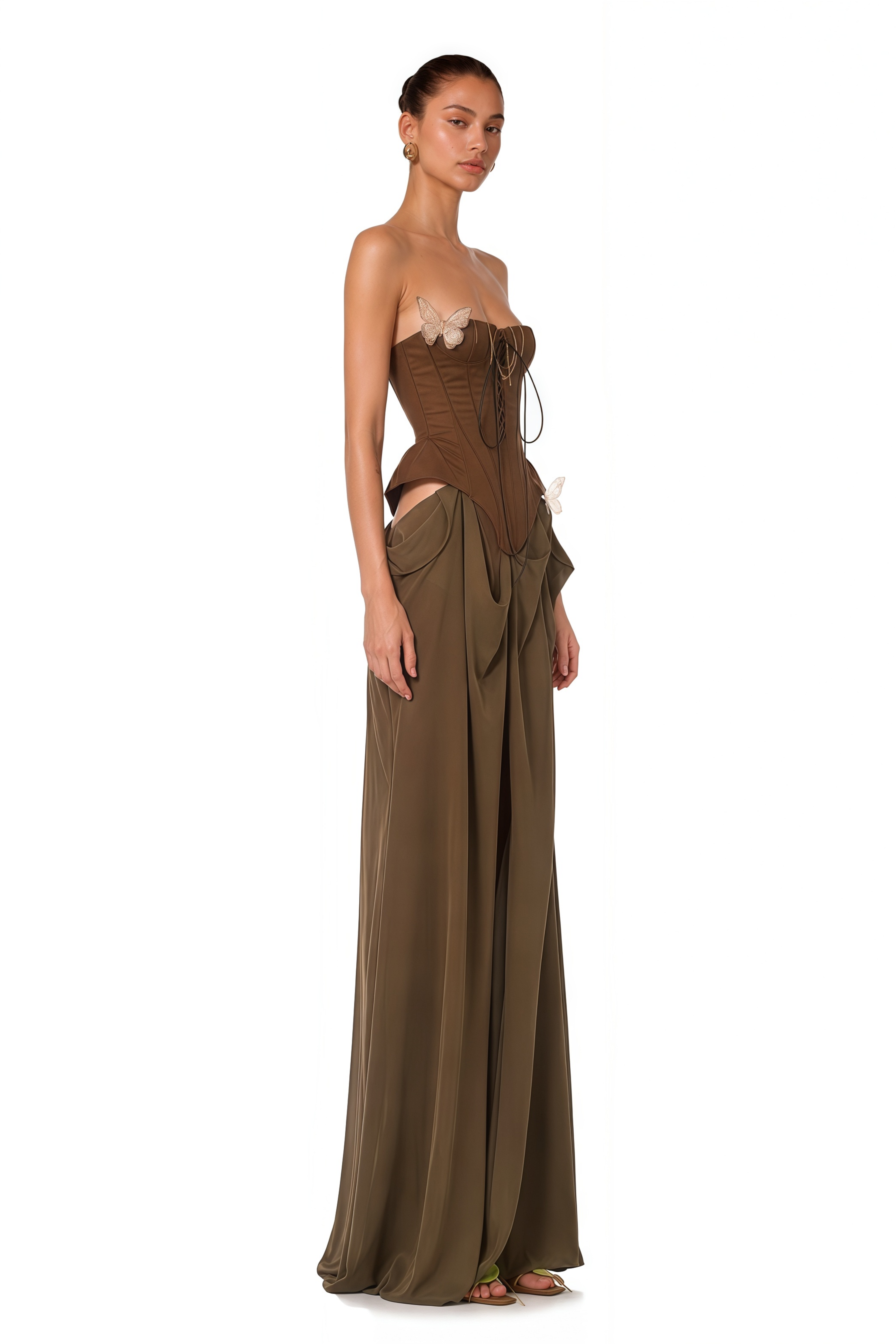 Eva Brown Butterfly-Pin-Detail Corset Maxi Dress