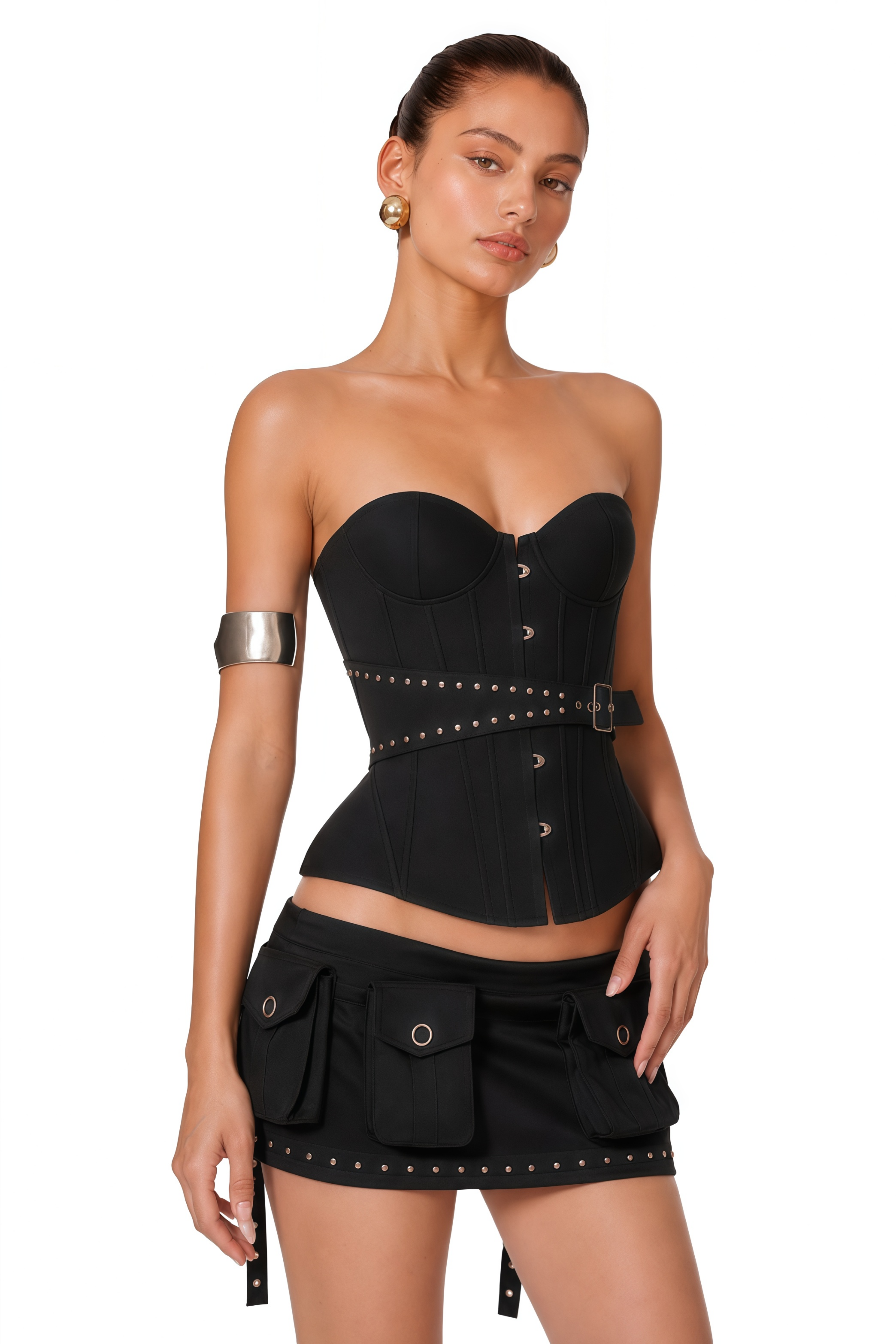 Tiril Black Studded Belted Corset Top