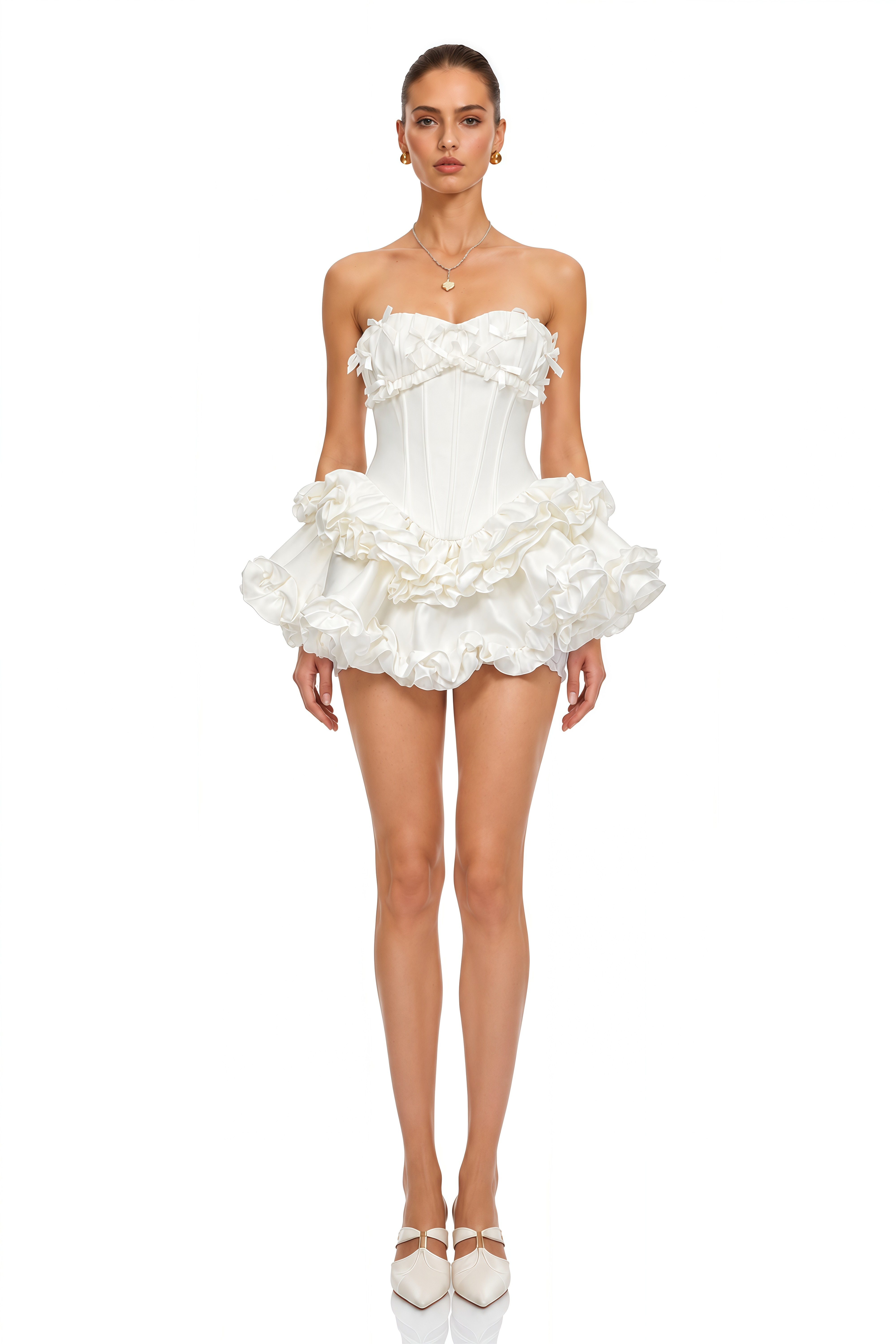 Laurine White Ruffled Satin Mini Dress