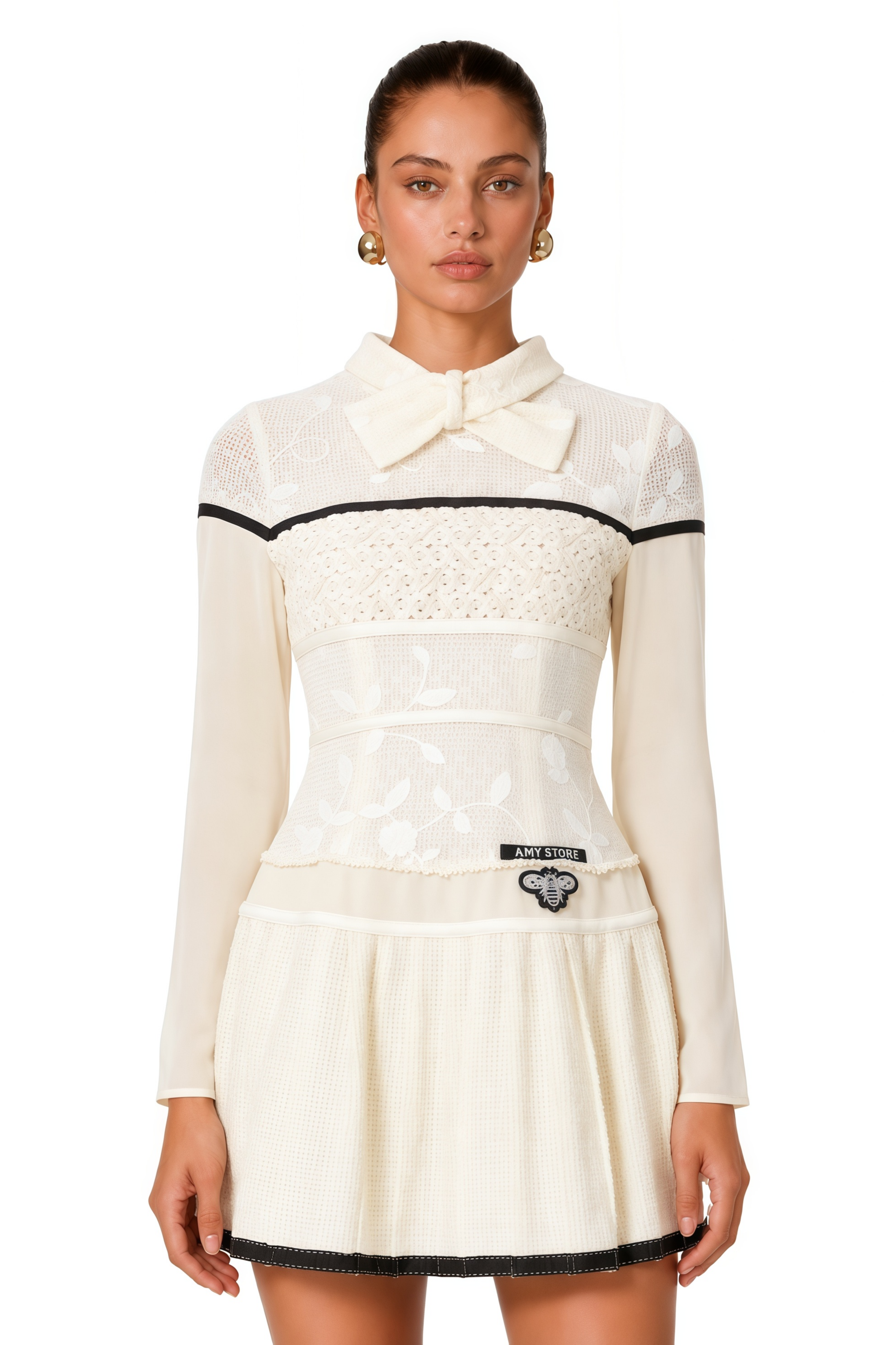 Bridget White Pleated Mini Dress with Bow-Tie