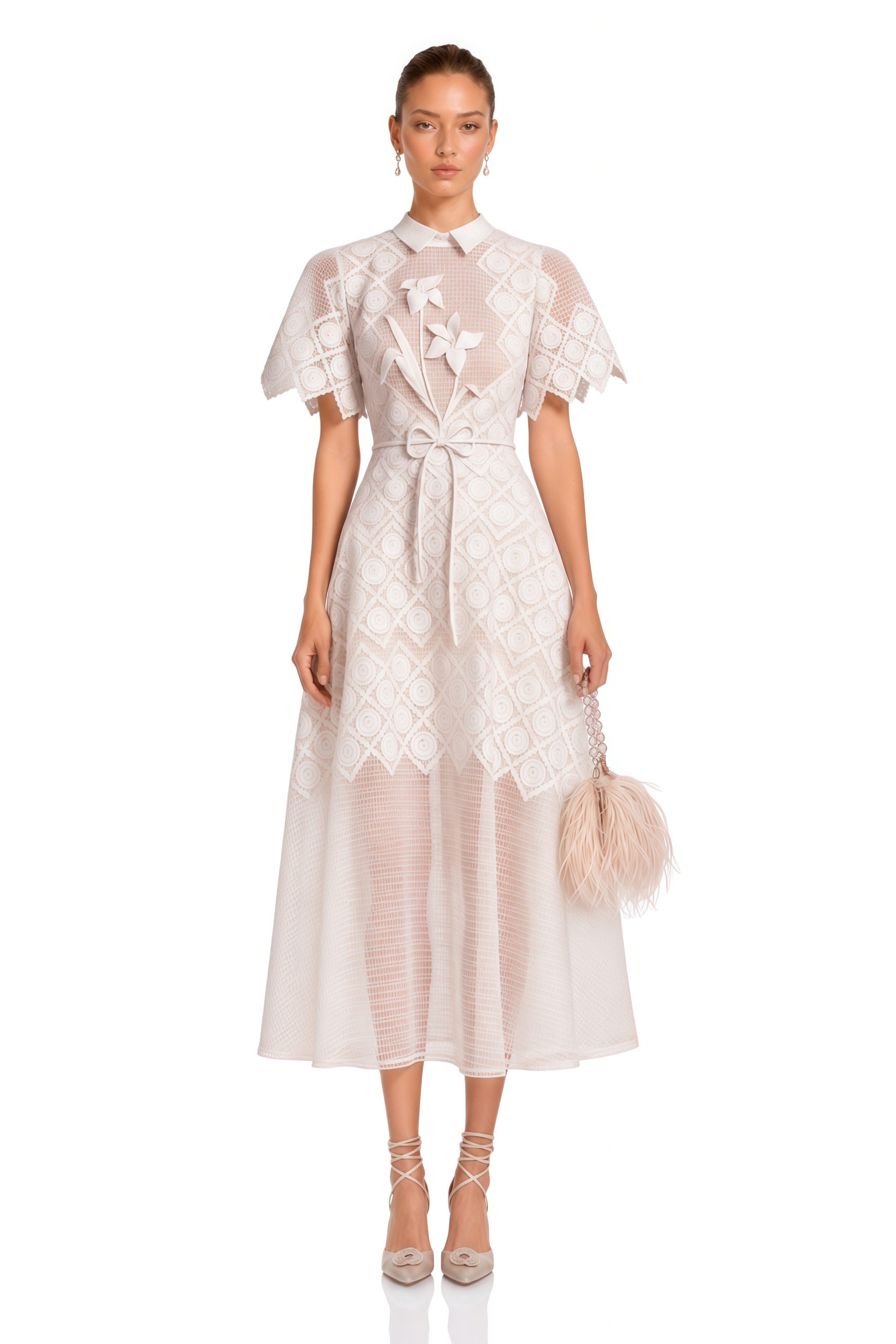 Yasmine White Floral-embroidered Midi Dress
