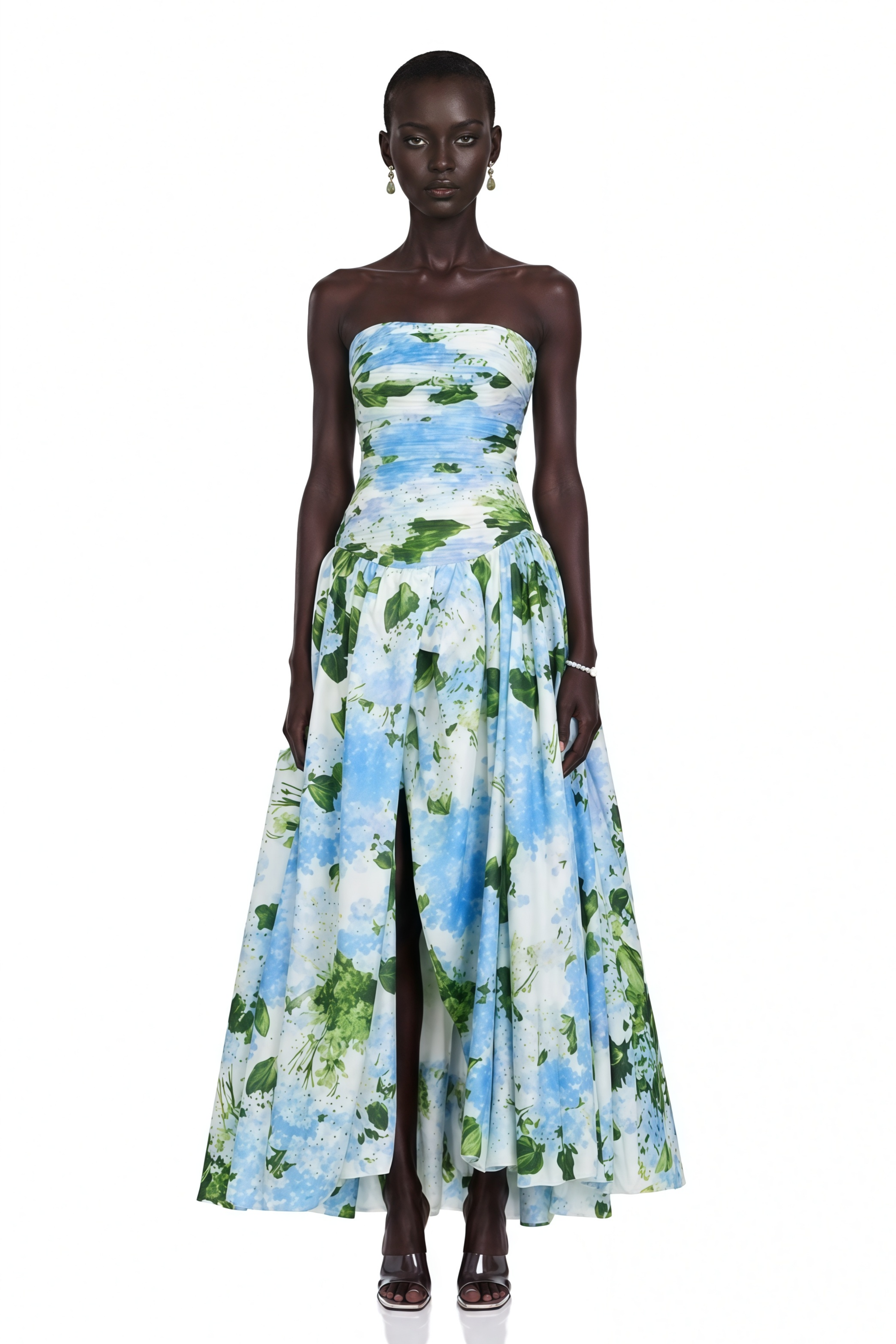 Parastoo Blue Hydrangea Floral Print Pleated Maxi Dress